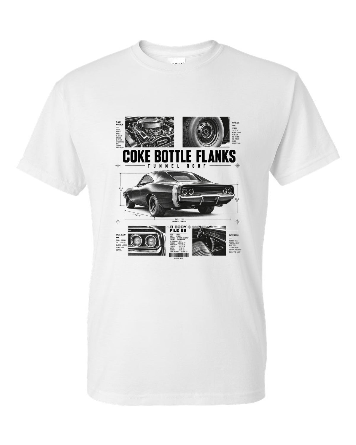 Dossier panel print of a 1969 Dodge Charger R/T with coke bottle flanks and tunnel roof notes white t-shirt front view with the design