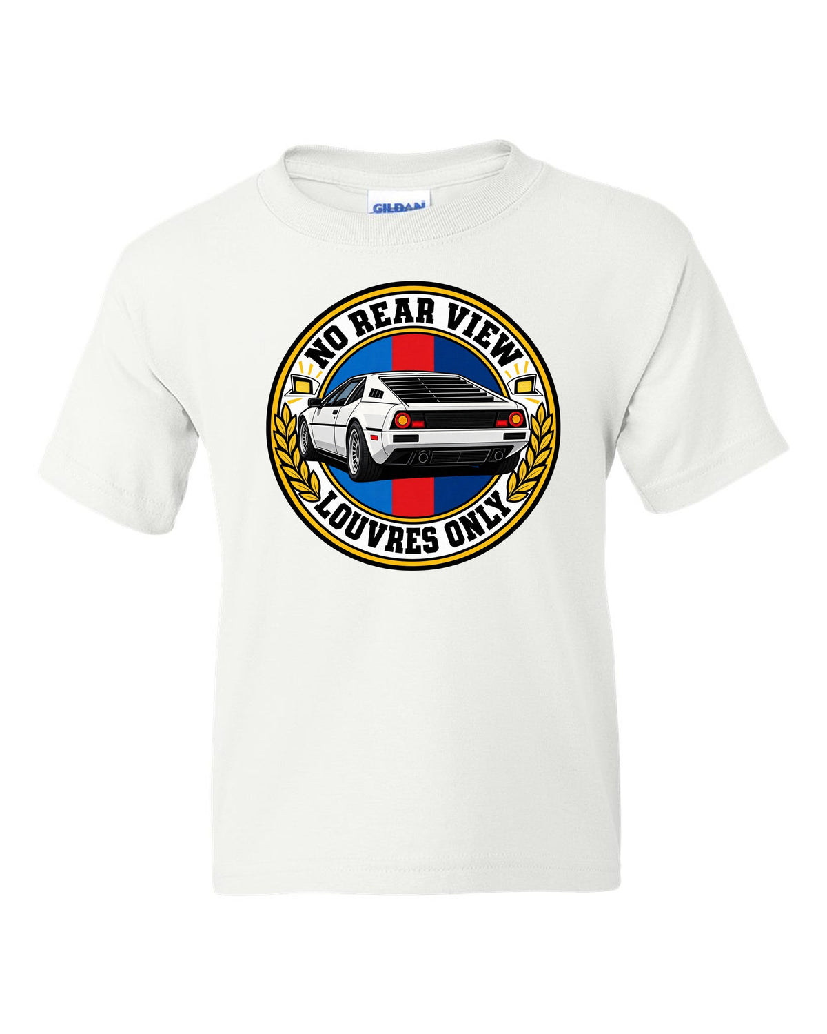 Stencil spray-paint print of a BMW 1 Series M Coupe E82 with N54 wastegate text white kids tee front view with the design