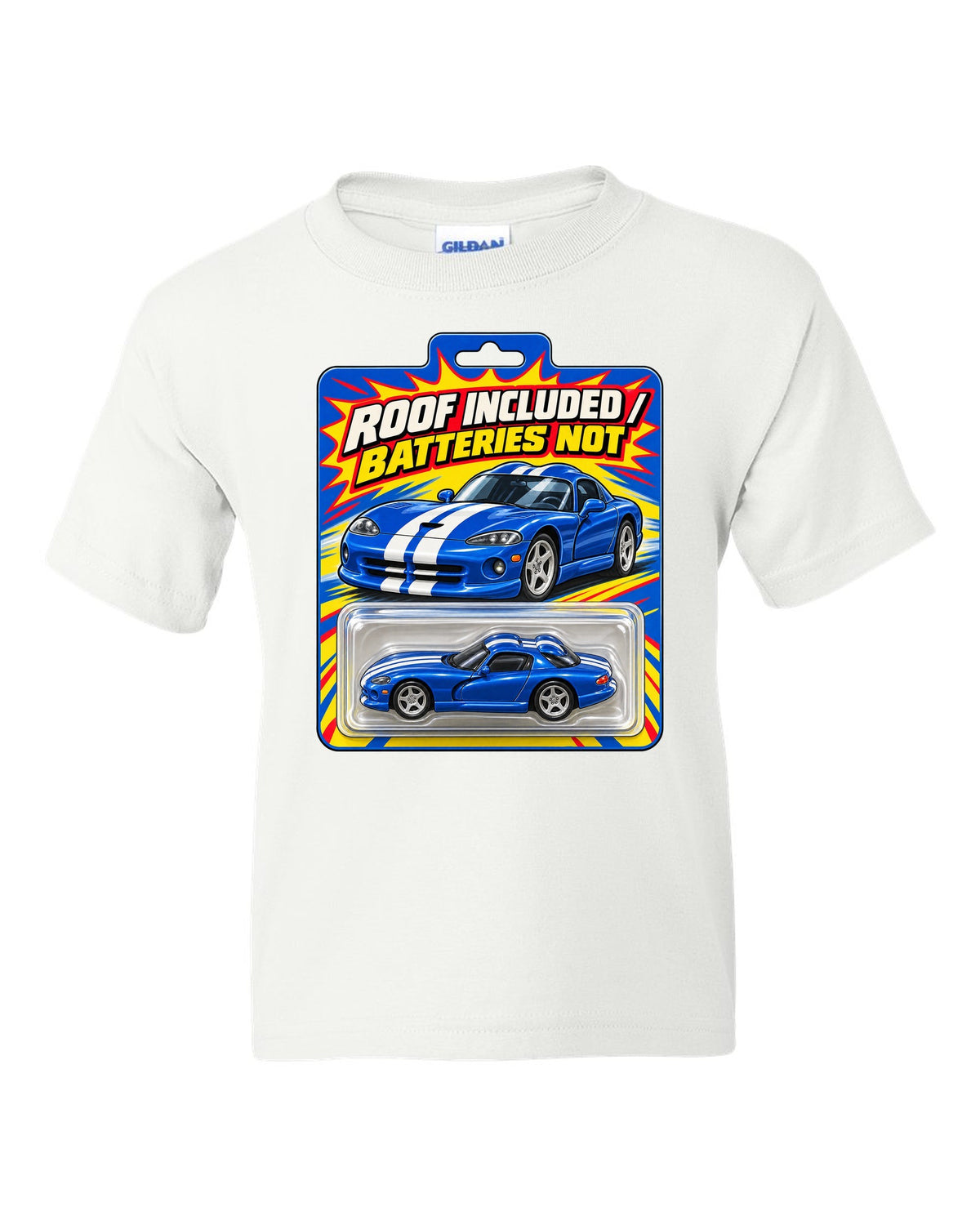 Toy blister-card layout featuring a 1996 Dodge Viper GTS SR II with roof included joke text white kids tee front view with the design