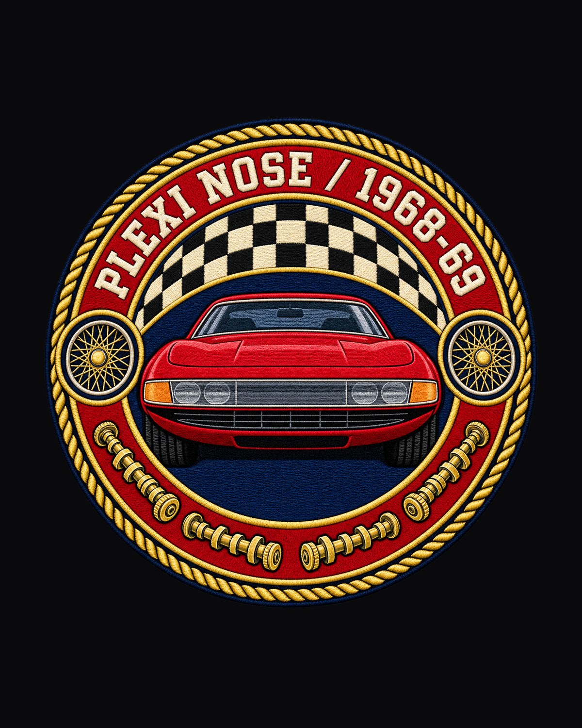 Ferrari 365 GTB/4 Daytona Four Cams Crest Tee, Classic Car Gift design only
