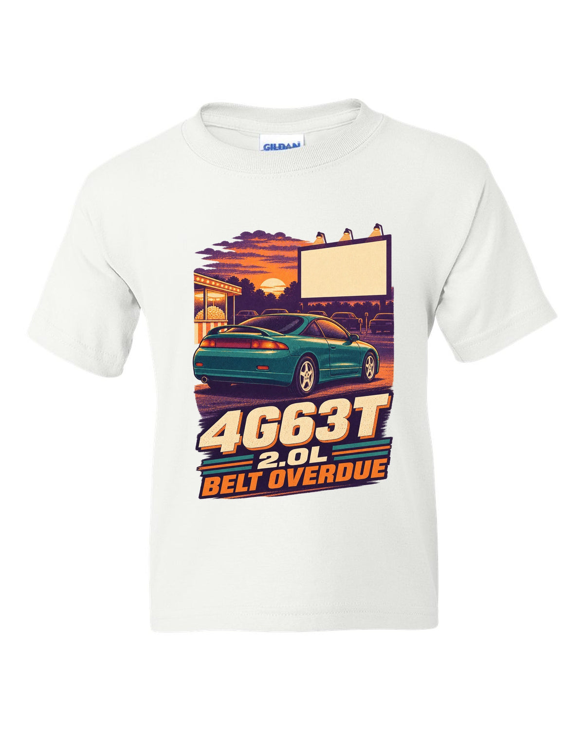Vintage race-poster lithograph print of a Mitsubishi Eclipse 2G with 4G63T 2.0L belt overdue lettering white kids tee front view with the design