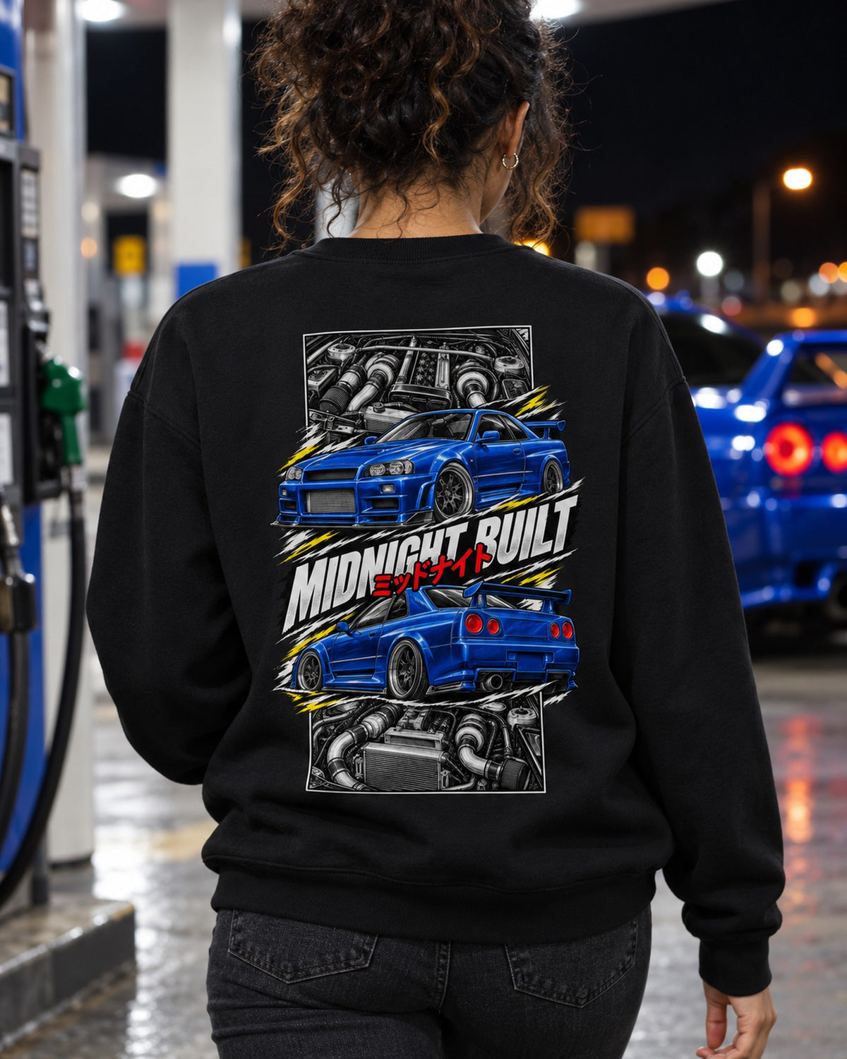 Nissan Skyline GT-R R34 Torn Poster Full-Back Graphic Tee Crewneck Black worn hero