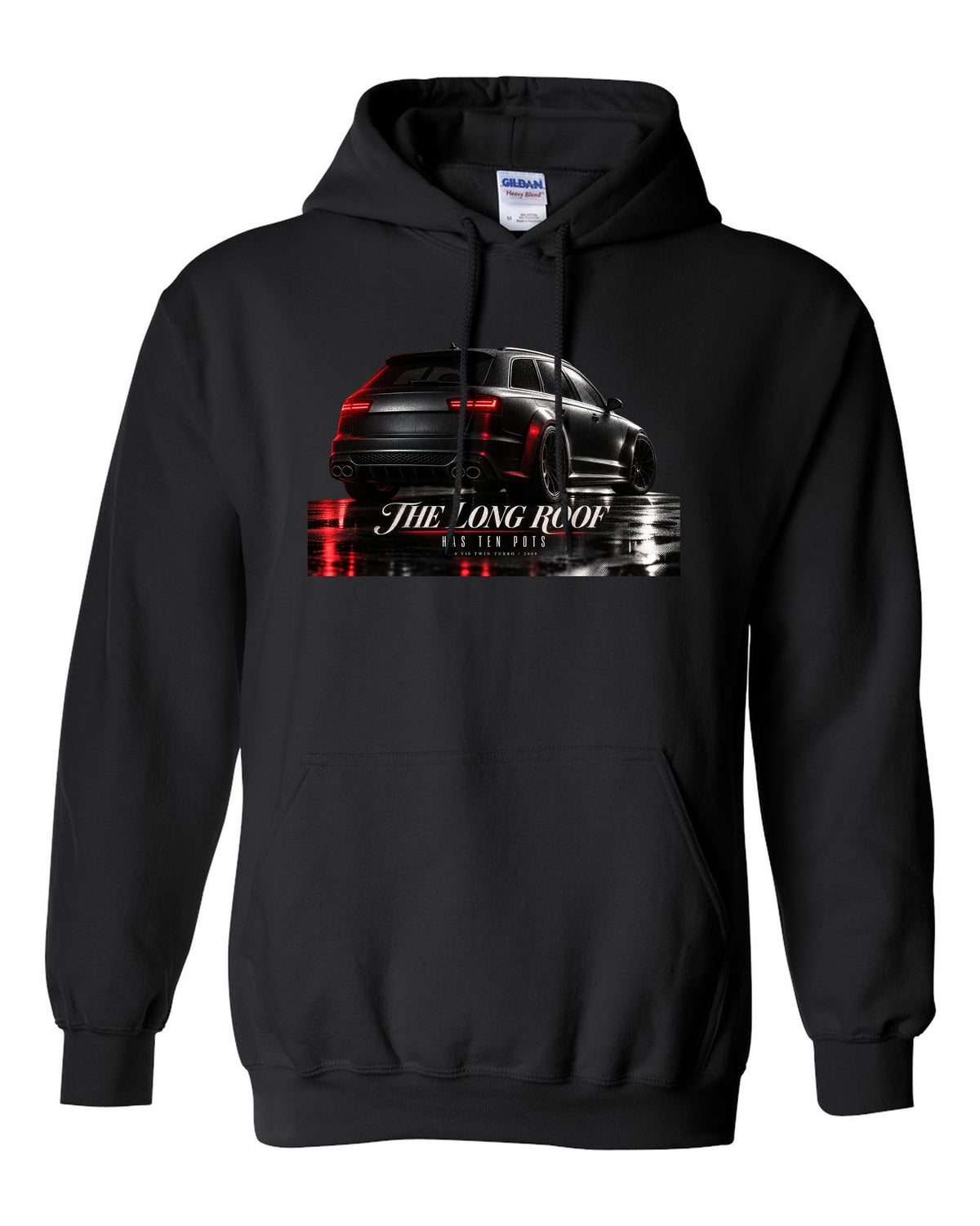 Audi RS6 Avant C6 4F V10 rear three-quarter in a garage with long roof text black pull over hoodie front view with the design