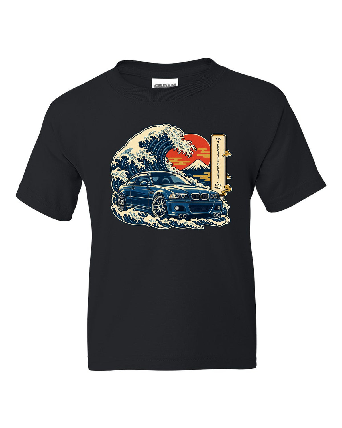 Ukiyo-e woodblock style print of a BMW E46 M3 coupe with six throttle bodies one wave text black kids tee front view with the design
