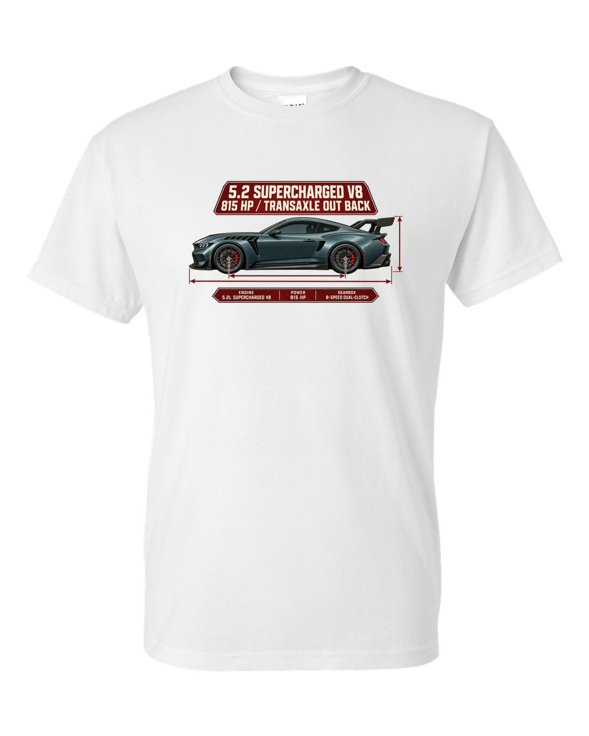 print of a Mustang GTD dimension blueprint with 5.2 supercharged V8 and 815 HP text white t-shirt front view with the design