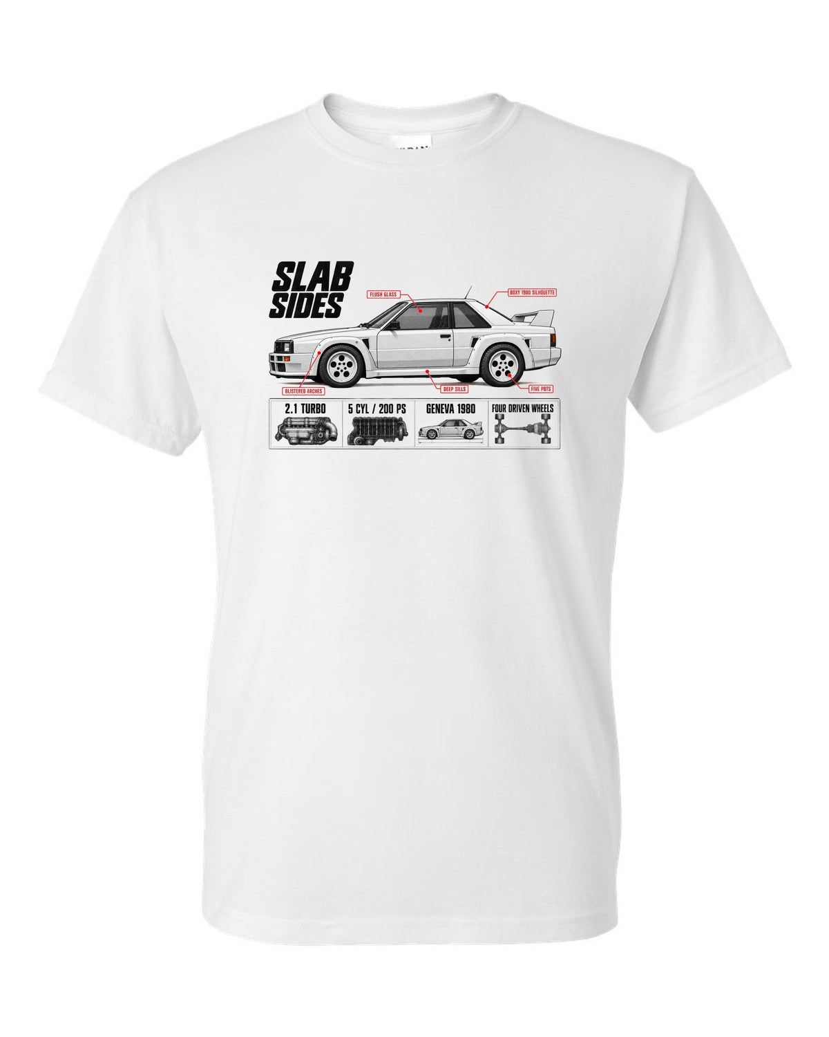 Audi Ur-Quattro Type 85 Slab Sides Spec Poster white t-shirt front view with the design
