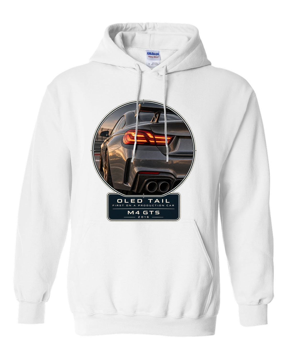 BMW M4 GTS OLED taillight macro print design white pull over hoodie front view with the design
