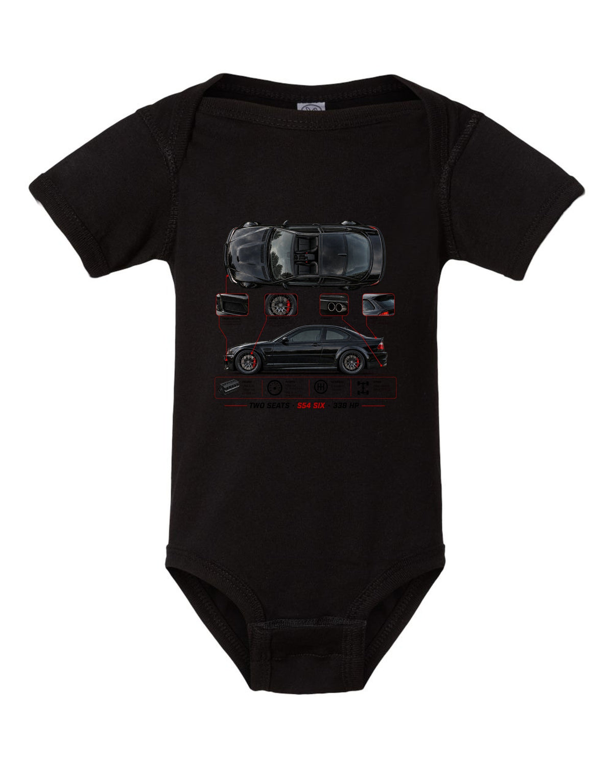 BMW Z4 M Coupe E86 spec poster print with two seats S54 six 338 hp black baby onesie front view with the design