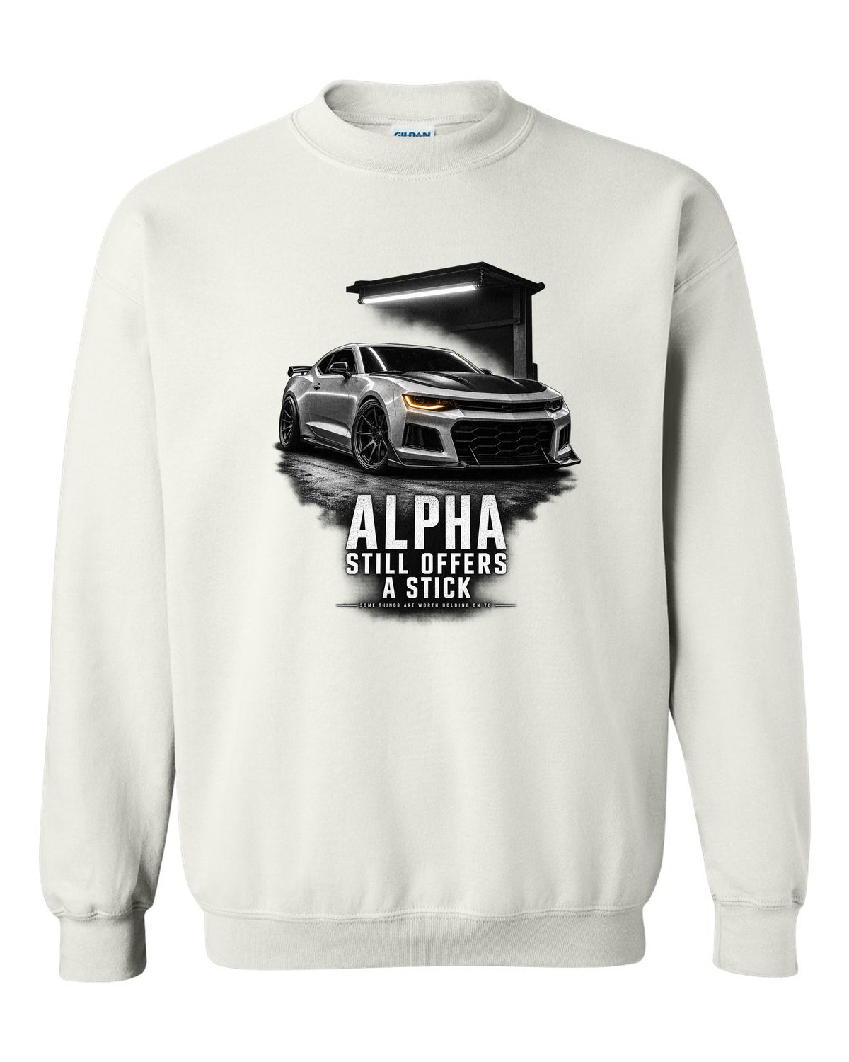 Garage-night print of a 2018 Chevrolet Camaro SS 1LE sixth-gen front three-quarter with Alpha text white crewneck front view with the design