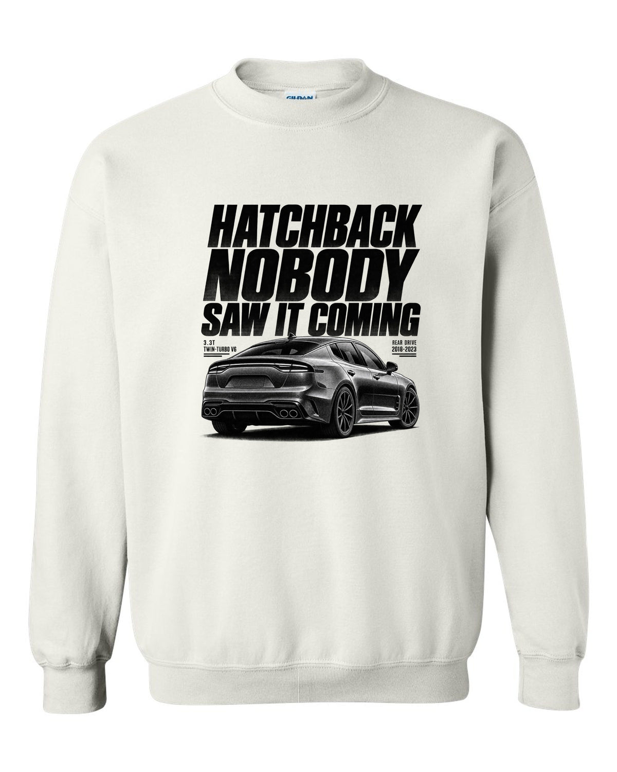 Halftone print of a Kia Stinger GT CK rear three-quarter low angle with chback text white crewneck front view with the design