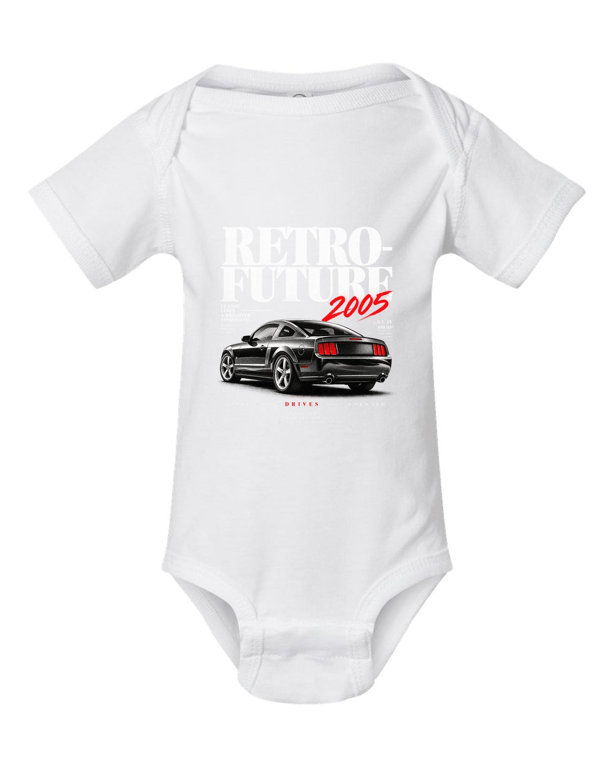 Editorial headline print of a 2005-09 Ford Mustang S197 GT white baby onesie front view with the design