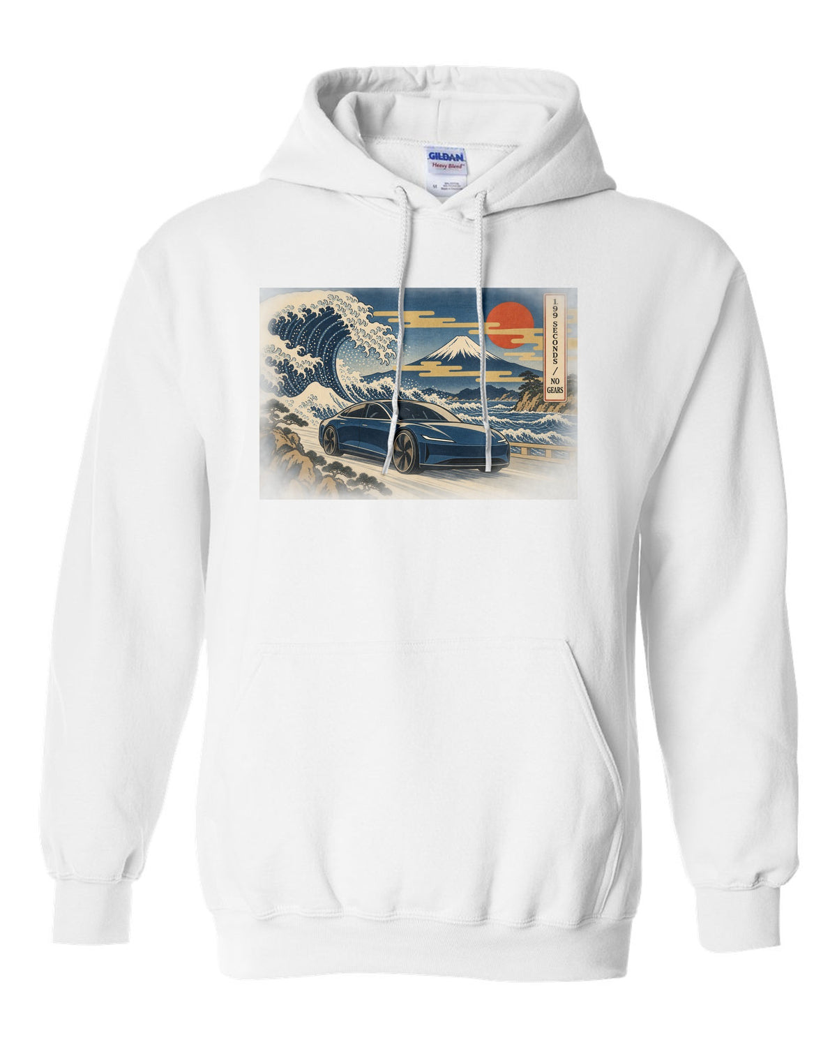 Ukiyo-e woodblock print of a 2021 Tesla Model S Plaid with the words 1.99 Seconds No Gears white pull over hoodie front view with the design