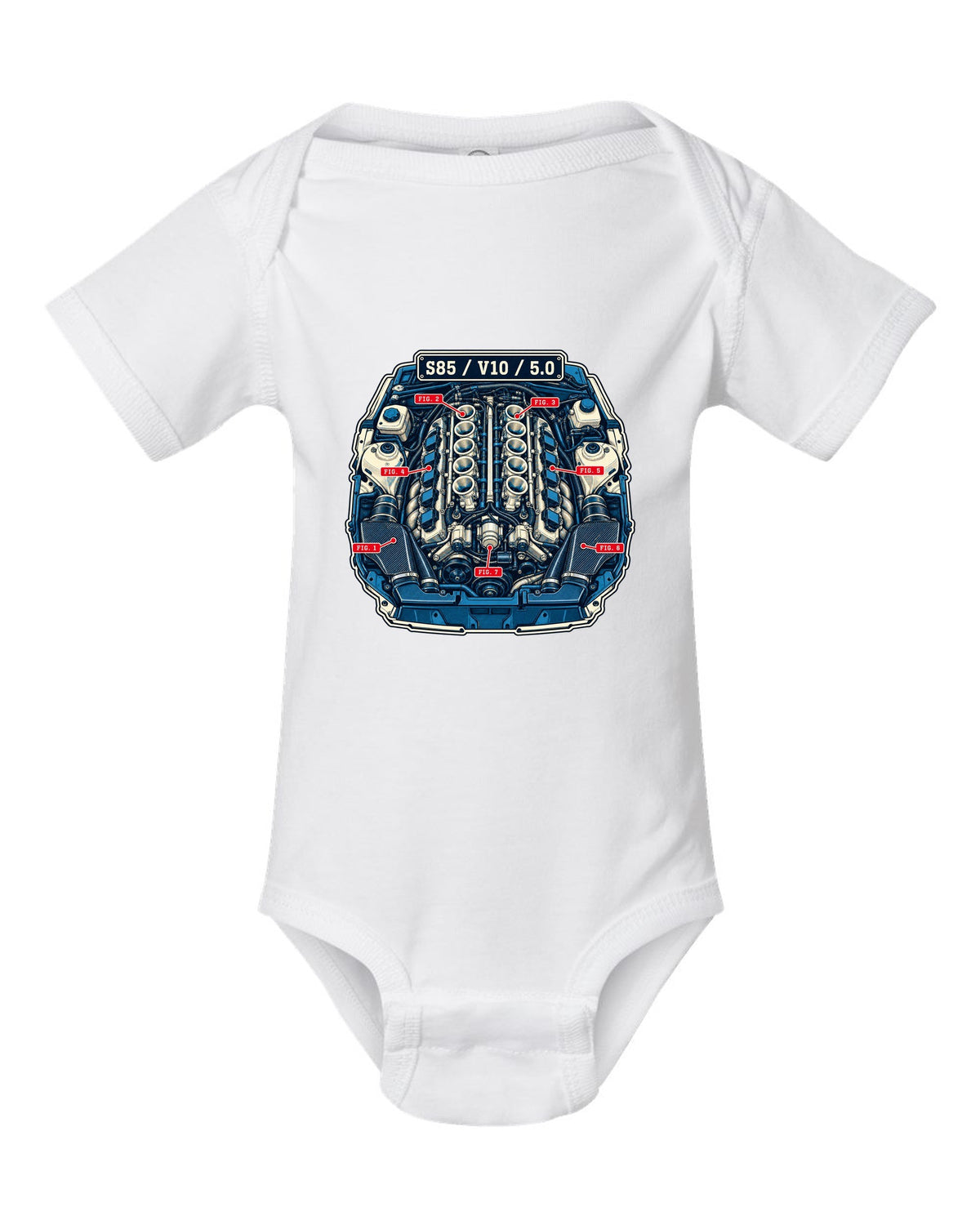Blueprint patent-style line drawing of the BMW S85 V10 engine from the M5 E60 white baby onesie front view with the design