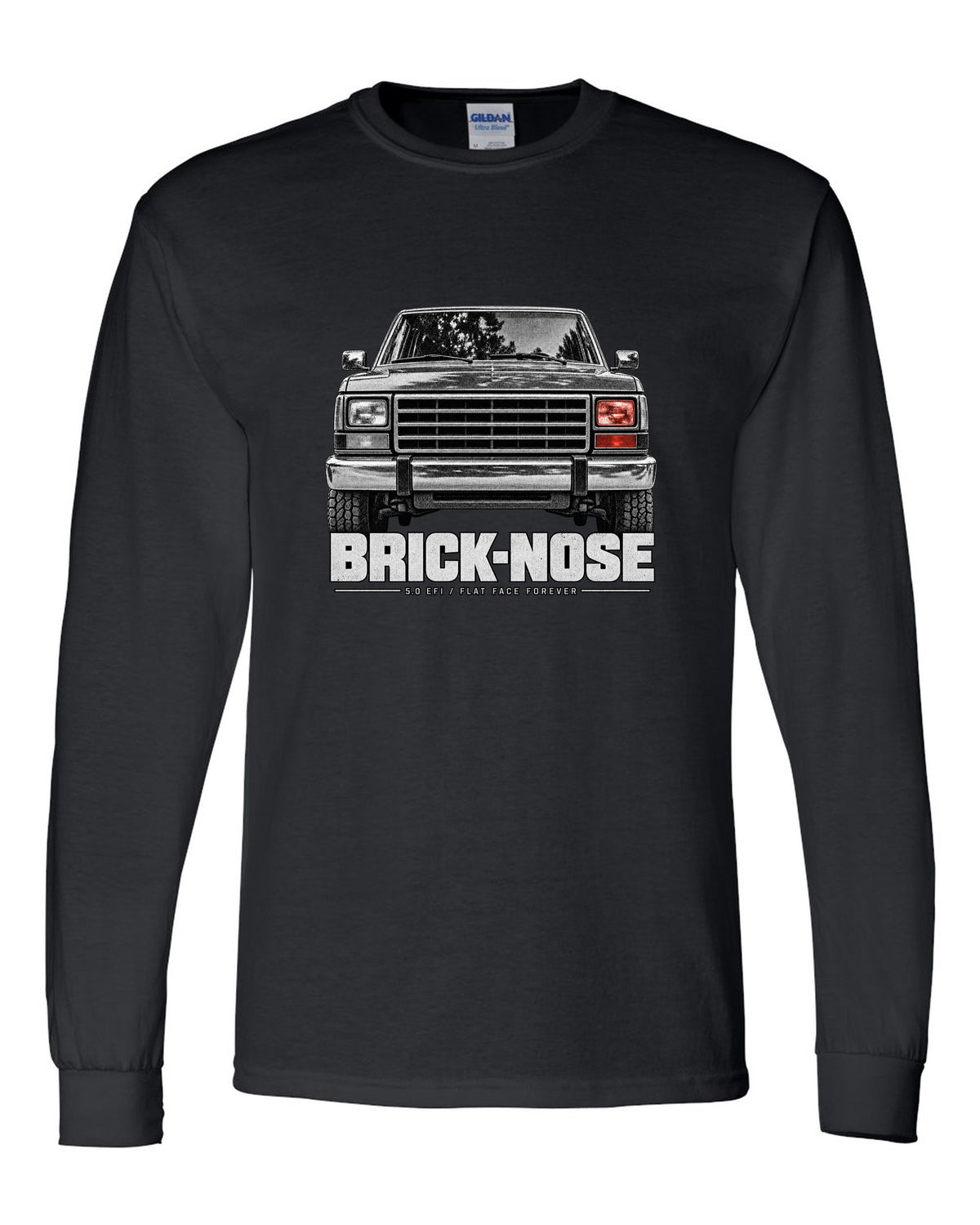 Ford Bronco Brick-Nose 1987-91 taillight macro print with 5.0 EFI text black long sleeve front view with the design