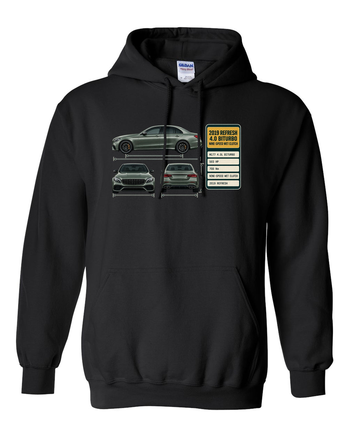 Spec poster print of a Mercedes-AMG C63 S W205 facelift sedan black pull over hoodie front view with the design
