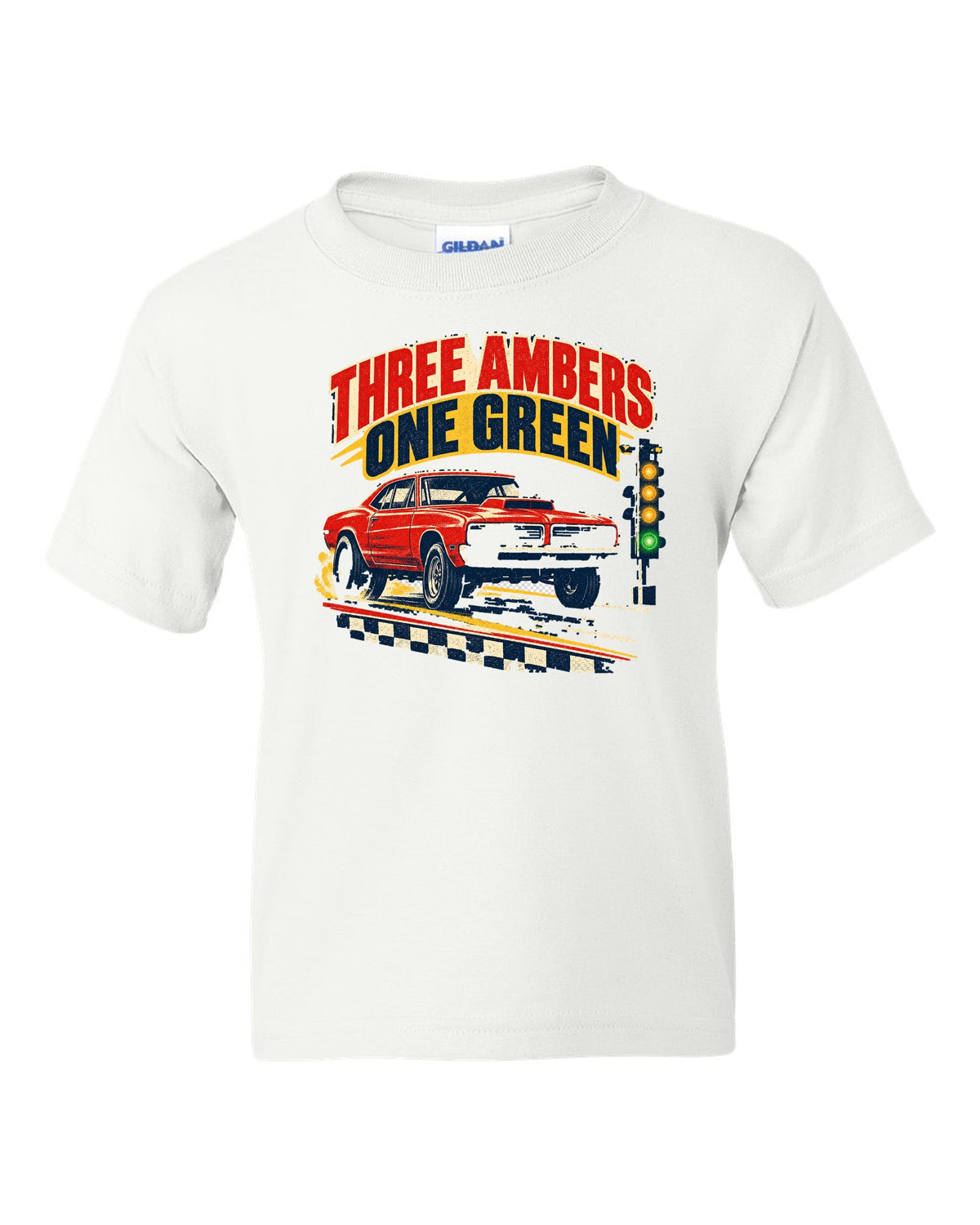Vintage drag-race poster of a 1969 Plymouth Road Runner with the Christmas tree lights white kids tee front view with the design