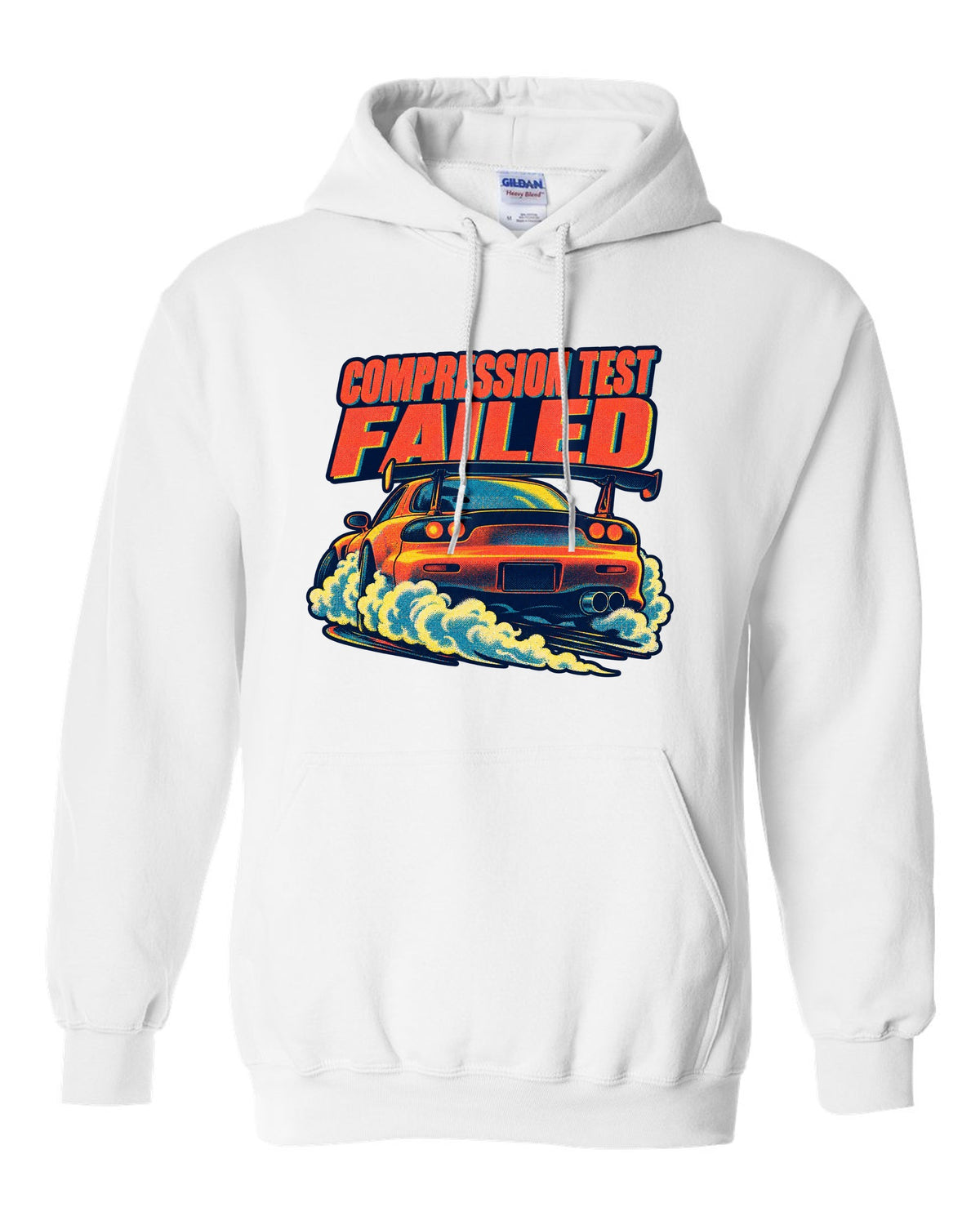 Risograph spot-colour rear view of a Mazda RX-7 FD3S with glowing taillights white pull over hoodie front view with the design