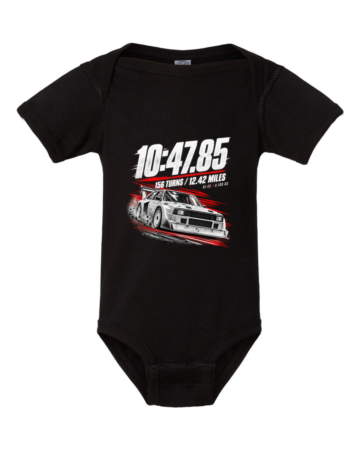 Race poster print of an Audi Sport Quattro S1 E2 with hill climb numbers black baby onesie front view with the design
