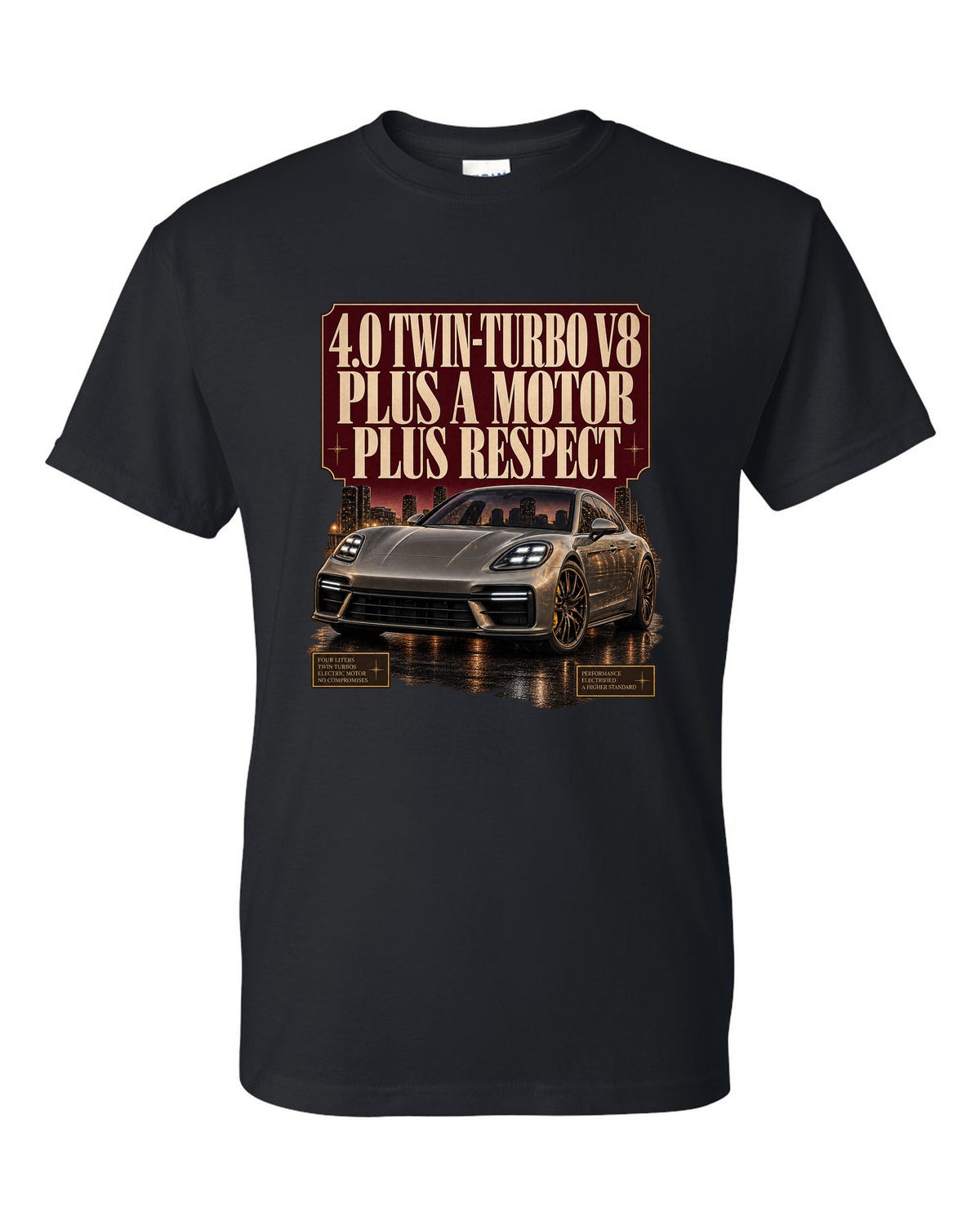Editorial headline print of a low front three-quarter Porsche Panamera Turbo S E-Hybrid G3 at dusk black t-shirt front view with the design