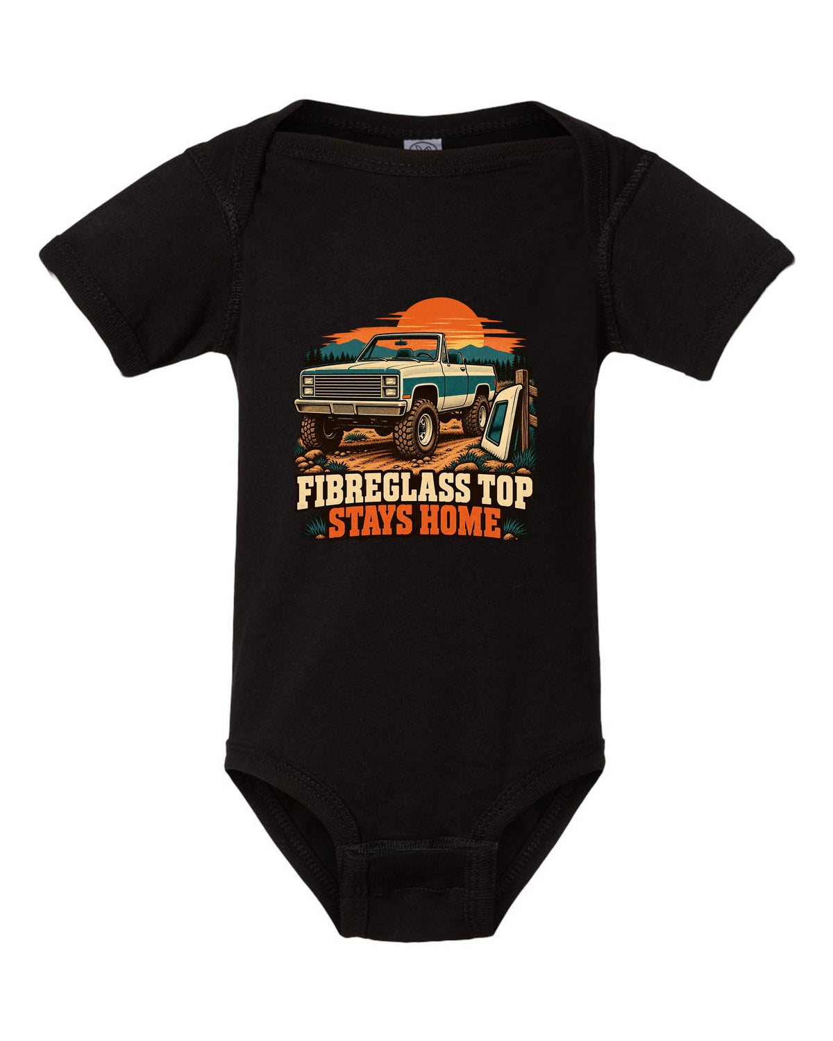 Retro two-colour print of a 1973-91 Chevrolet K5 Blazer with the top removed and FIBREGLASS TOP STAYS HOME text black baby onesie front view with the design