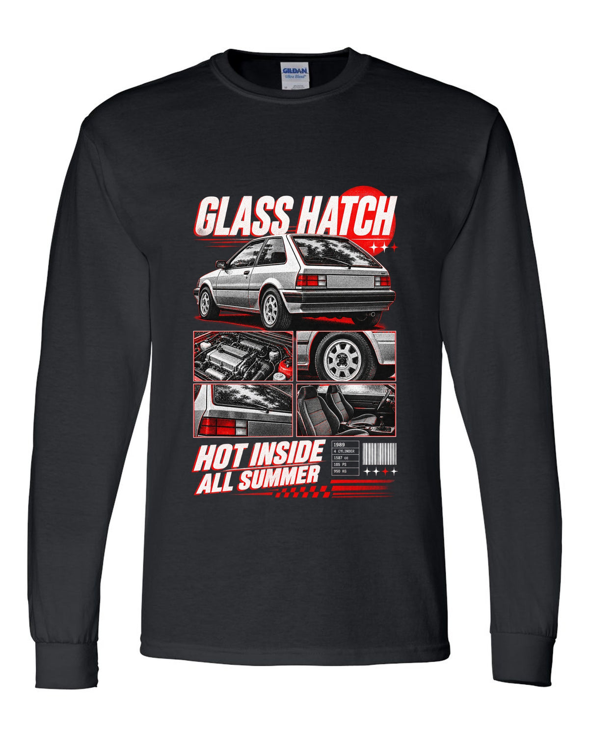 Dossier panel print for the 1989 Honda CRX EF8 Si about its glass ch being hot all summer black long sleeve front view with the design