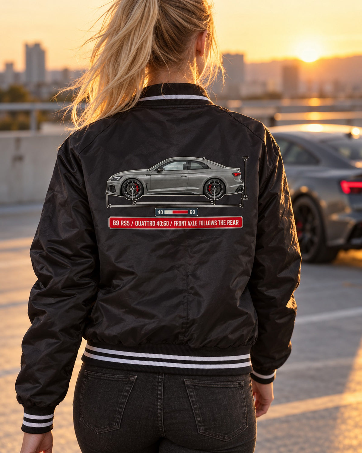 Audi RS5 Coupe B9 Facelift Dimension Blueprint, Quattro 40:60 Shirt Bomber Jacket Black worn hero