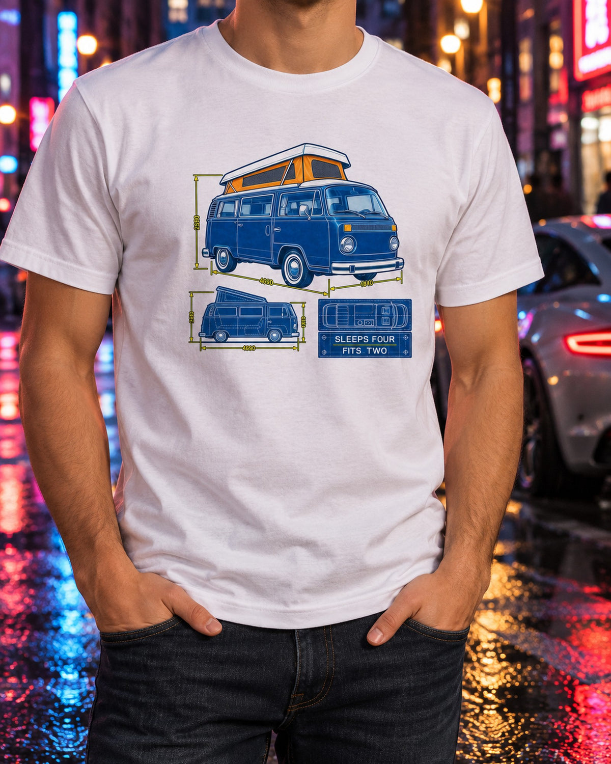 Bay Window T2 Camper Cyanotype Blueprint Shirt, Sleeps Four T-Shirt White worn hero