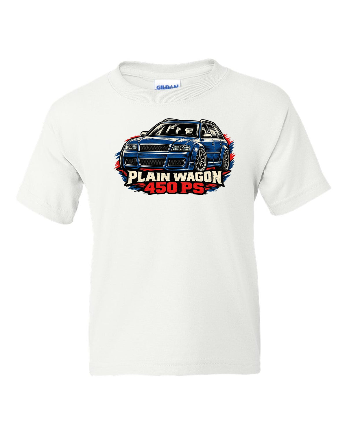 Linocut woodcut design of the Audi RS6 Avant C5 4B with plain wagon and 450 PS lettering white kids tee front view with the design