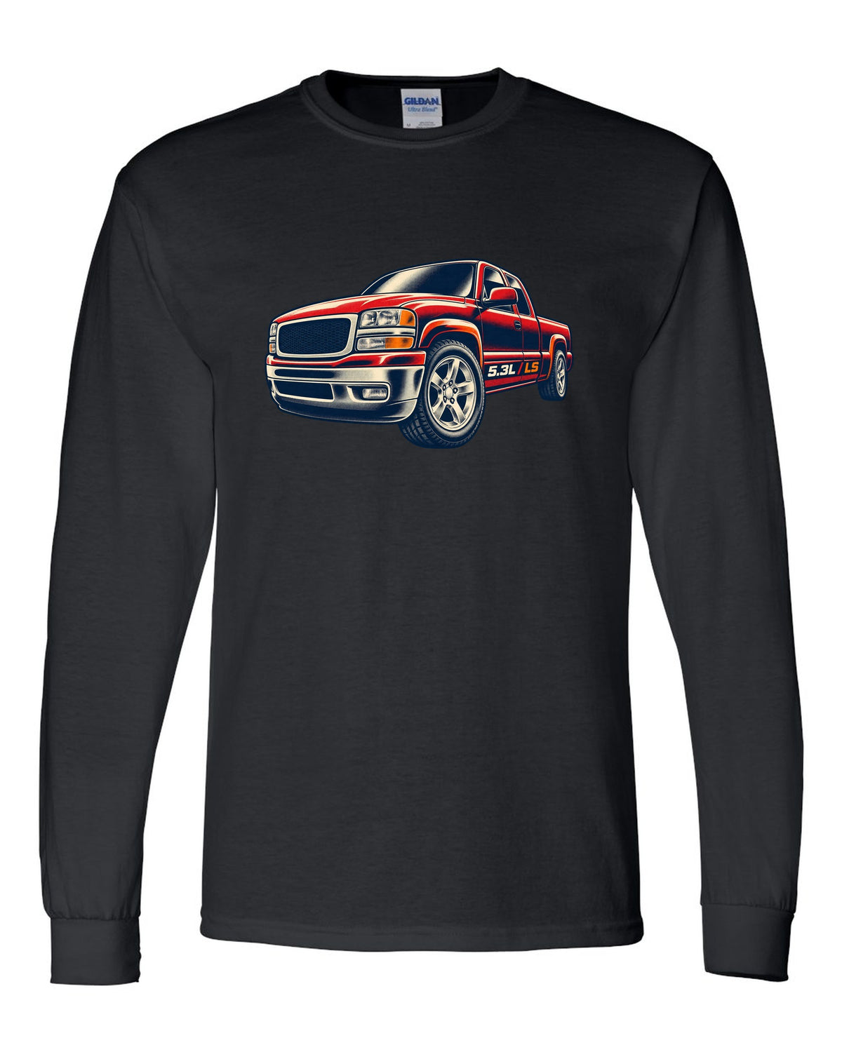 Retro screen-print wheel close-up print for a 1999-2006 Chevrolet Silverado GMT800 with 5.3L LS text black long sleeve front view with the design