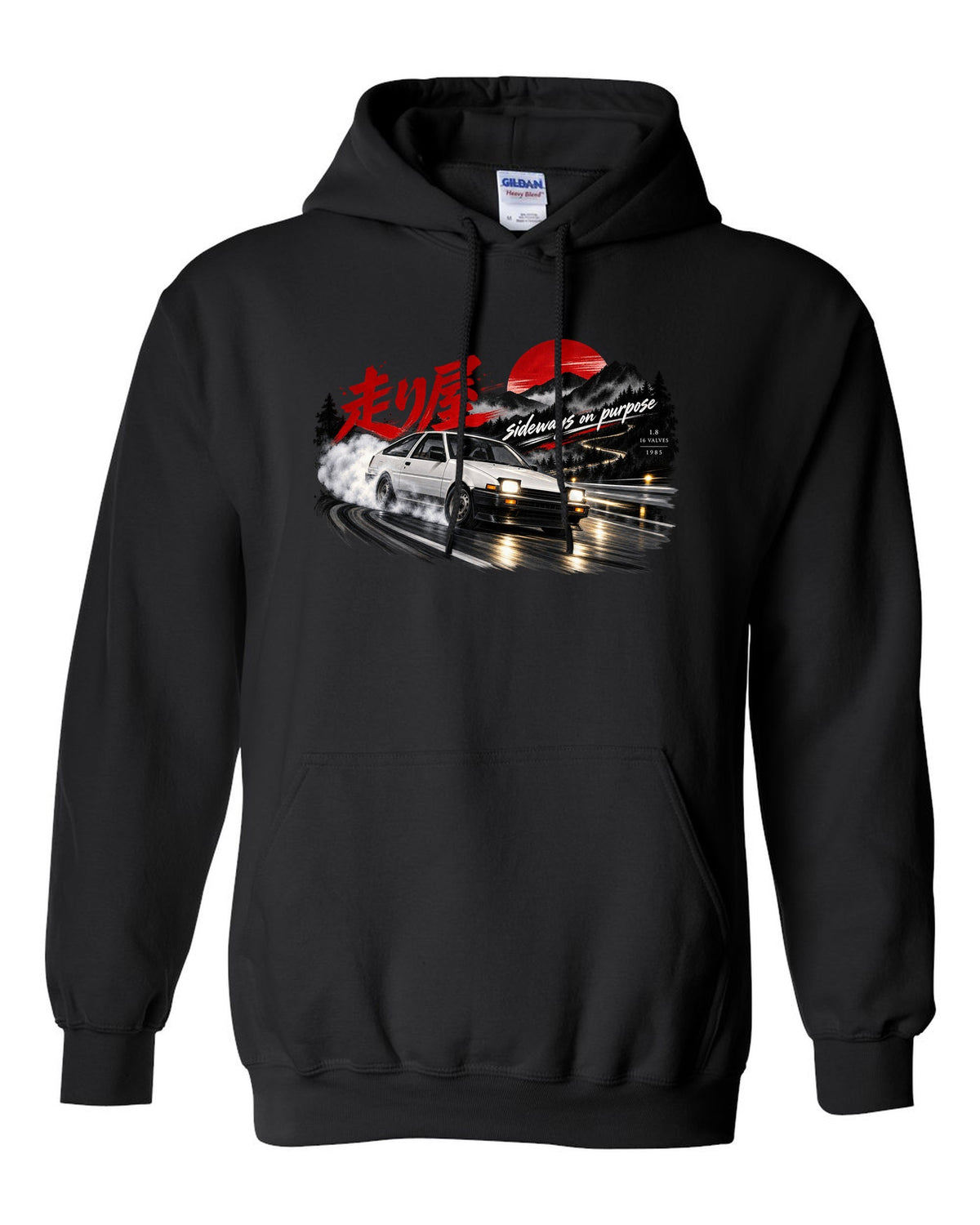 VW Golf Mk2 16V front three-quarter sliding at night with touge kanji black pull over hoodie front view with the design