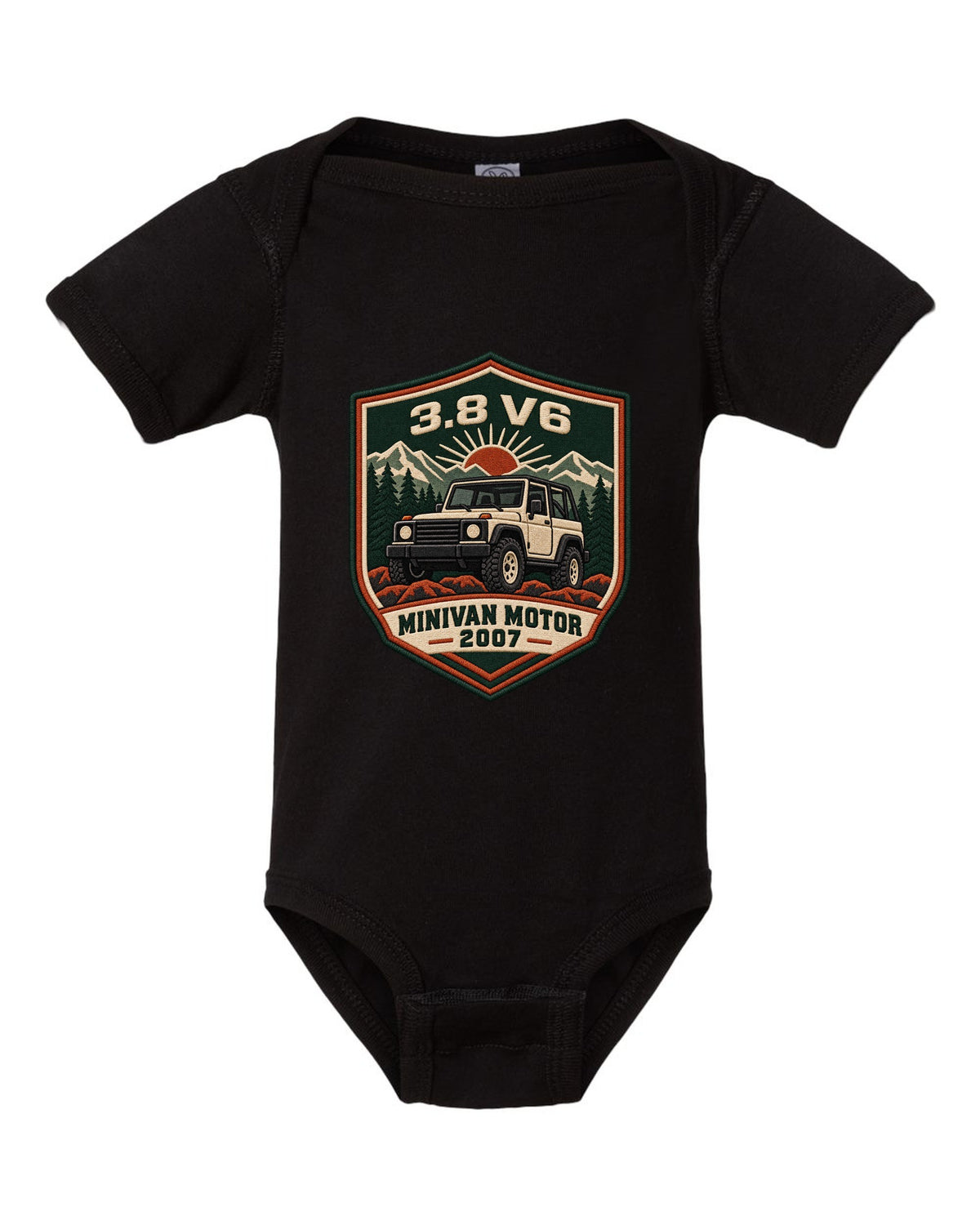 Jeep Wrangler JK varsity crest design with 3.8 V6 minivan motor 2007 text black baby onesie front view with the design