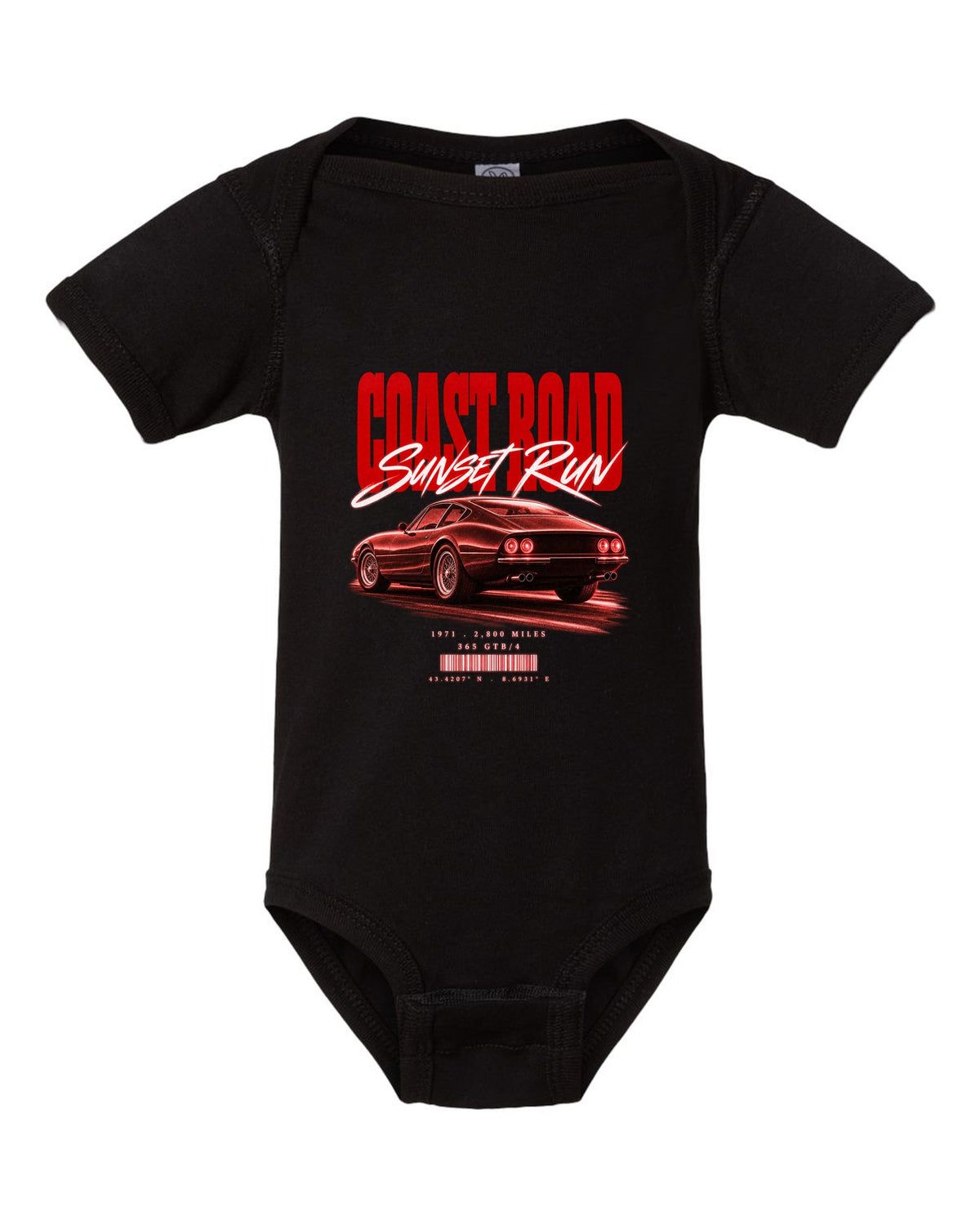 Street poster print of a Ferrari 365 GTB/4 Daytona with Coast Road, Sunset Run, 1971, 2,800 miles black baby onesie front view with the design