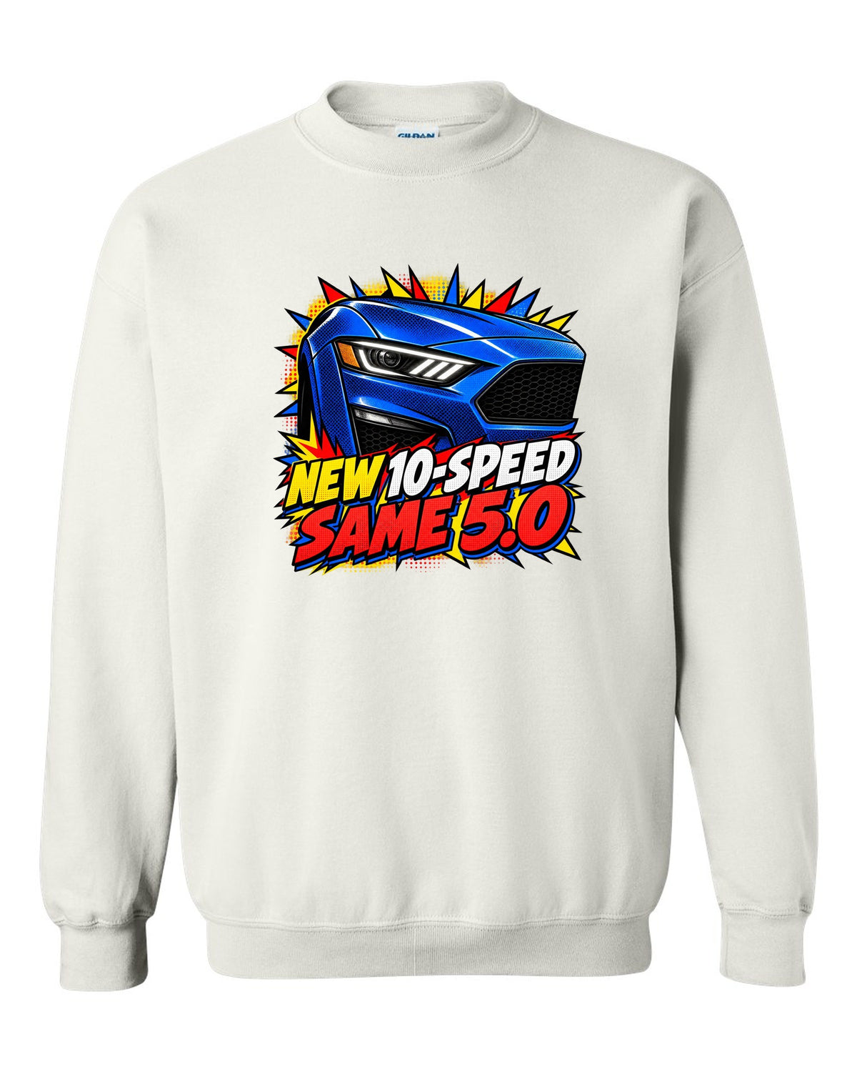 Comic halftone pop-art print of a 2018-23 Ford Mustang S550 GT front end white crewneck front view with the design
