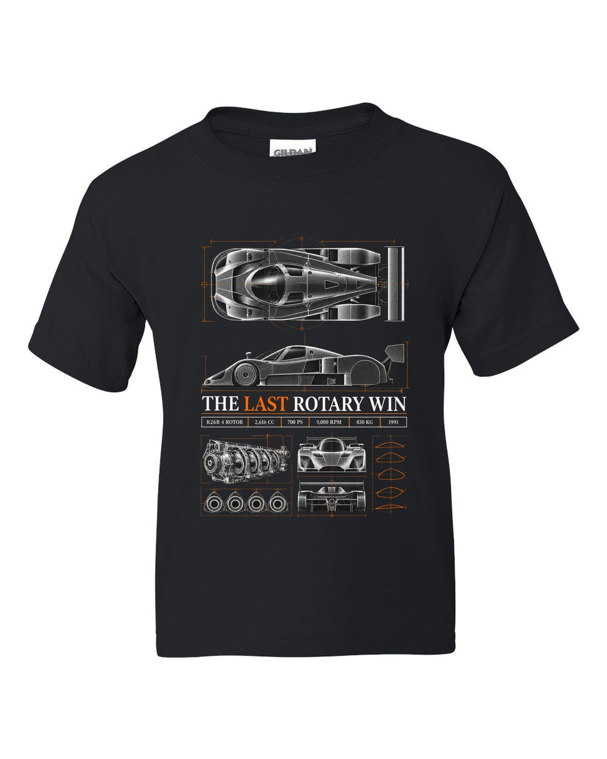 Spec poster print for the 1991 Mazda 787B with R26B four-rotor, 700 PS and 830 kg figures black kids tee front view with the design