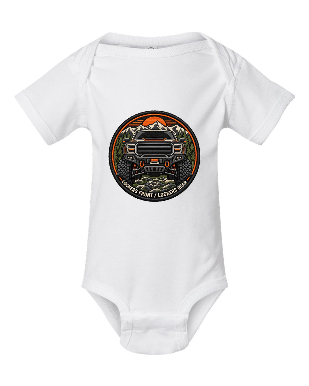 Embroidery-style patch print of a Ram 2500 Power Wagon grille with locker text white baby onesie front view with the design