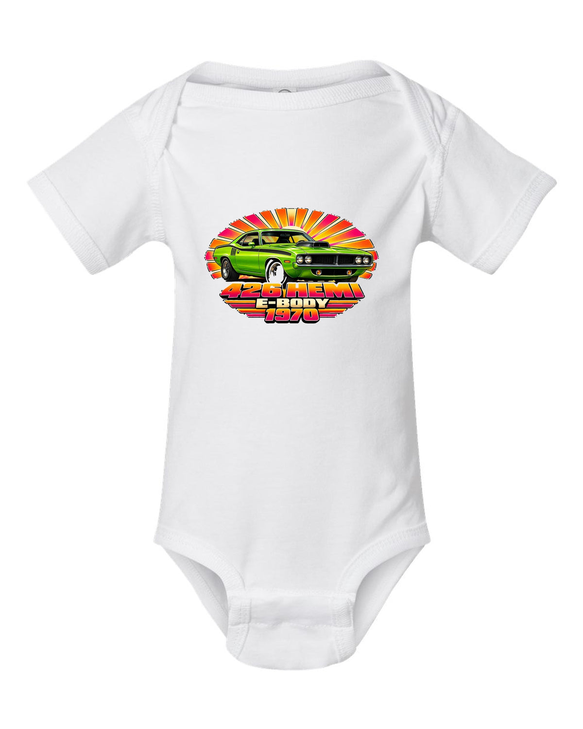 1970 Plymouth Hemi Cuda E-body 70s airbrush sunburst print with 426 Hemi text white baby onesie front view with the design