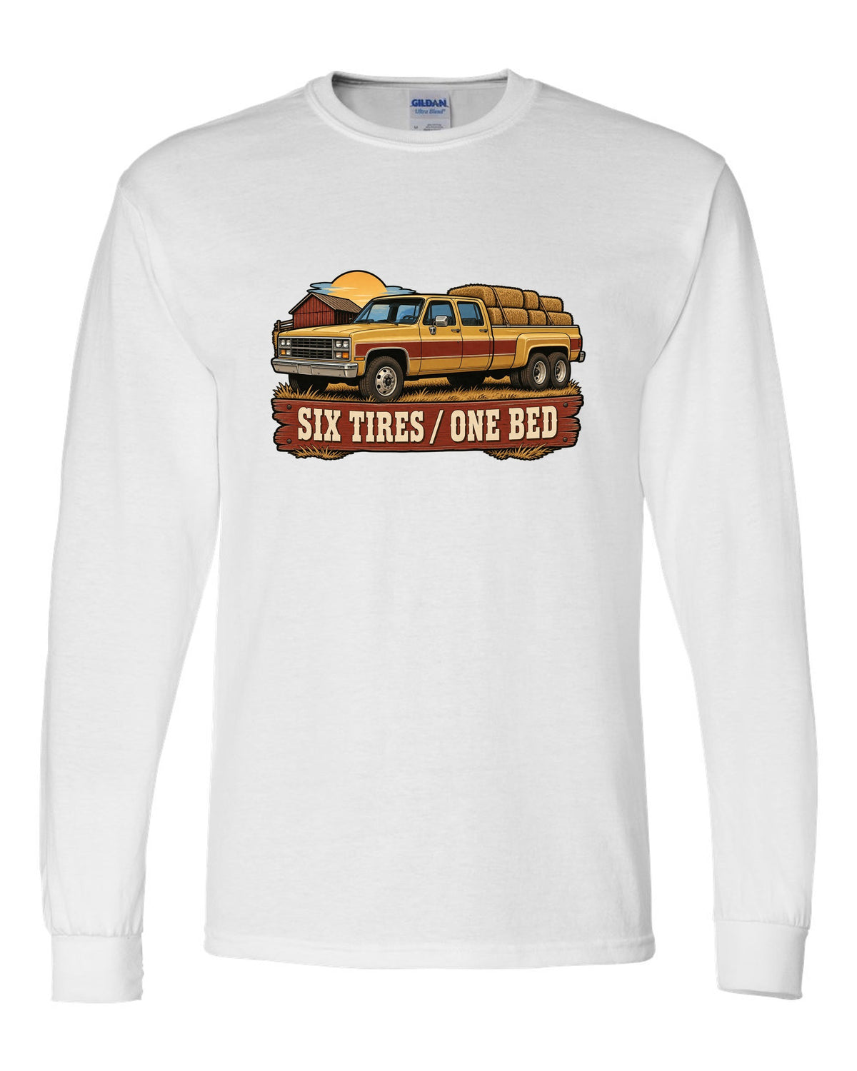 Vintage dealer-ad style print of a 1973-87 Chevrolet C20 Squarebody crew cab with six tires one bed lettering white long sleeve front view with the design