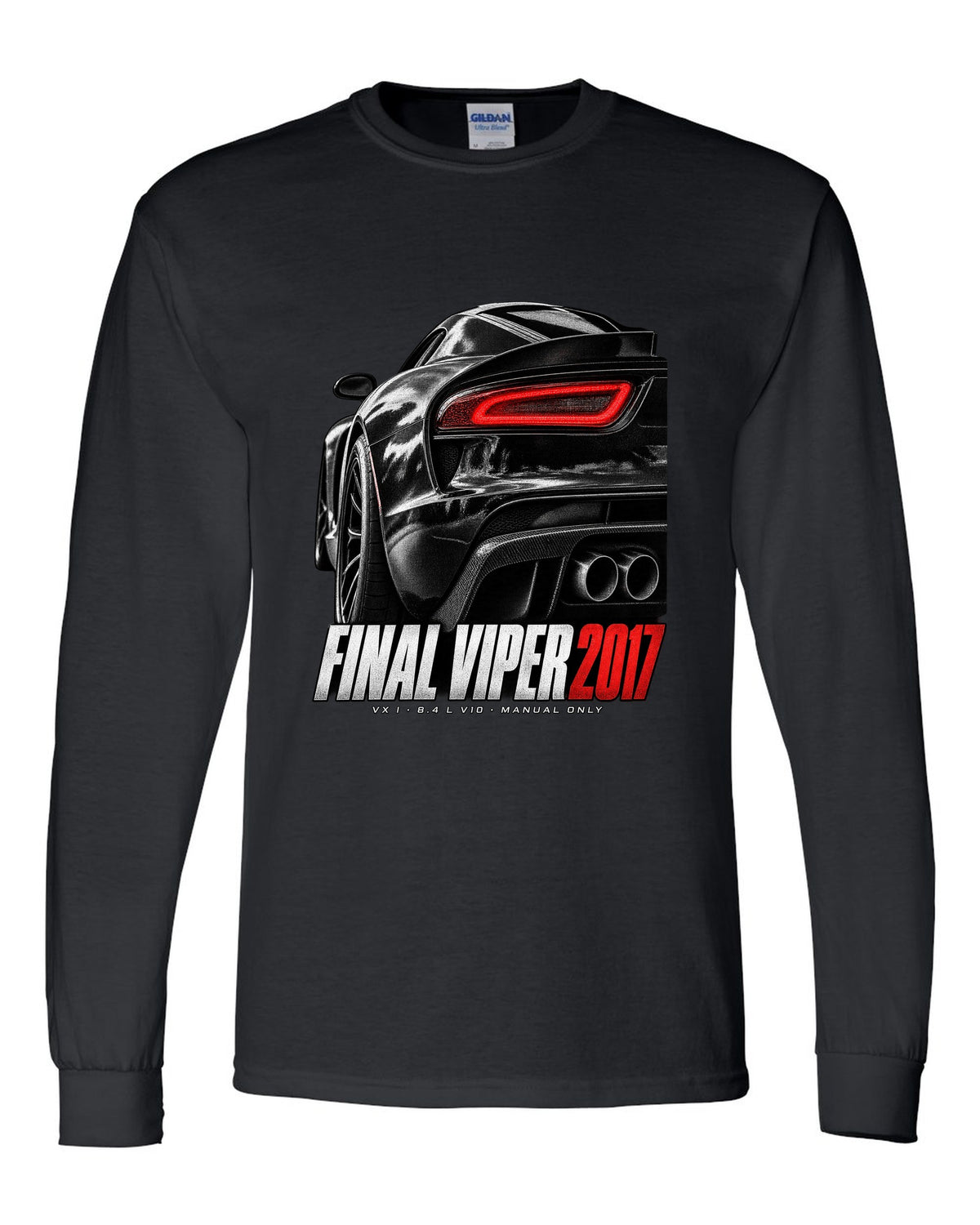 2014 Dodge Viper SRT VX I rear taillight macro print with Final Viper 2017 lettering black long sleeve front view with the design