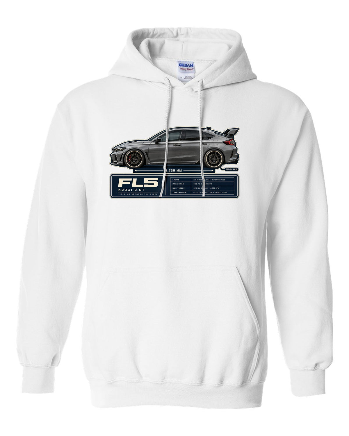 Honda Civic Type R FL5 Wheelbase Blueprint white pull over hoodie front view with the design