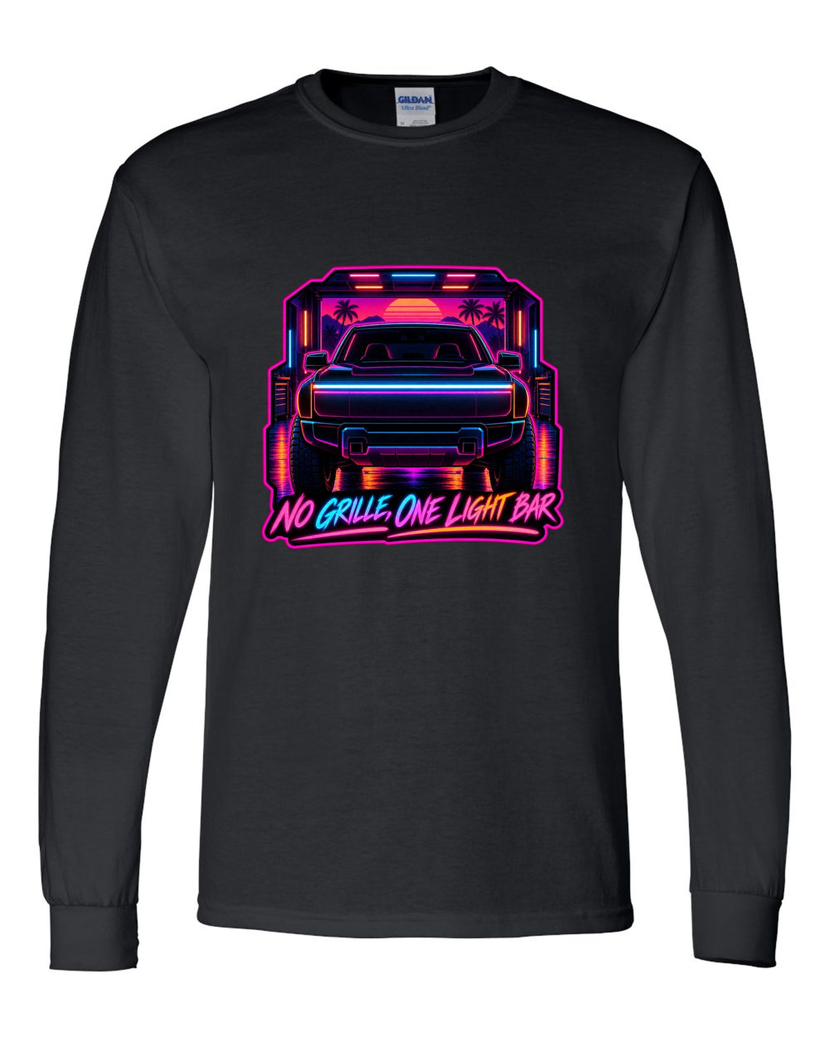 Ford F-150 Lightning neon synthwave glow print with no grille and one light bar text black long sleeve front view with the design