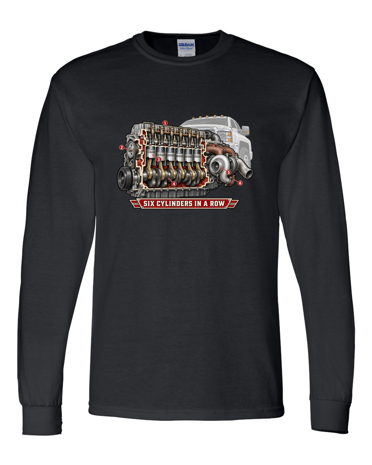 Cutaway diagram print of an inline-six diesel engine from a Dodge Ram 2nd gen with six cylinders in a row text black long sleeve front view with the design