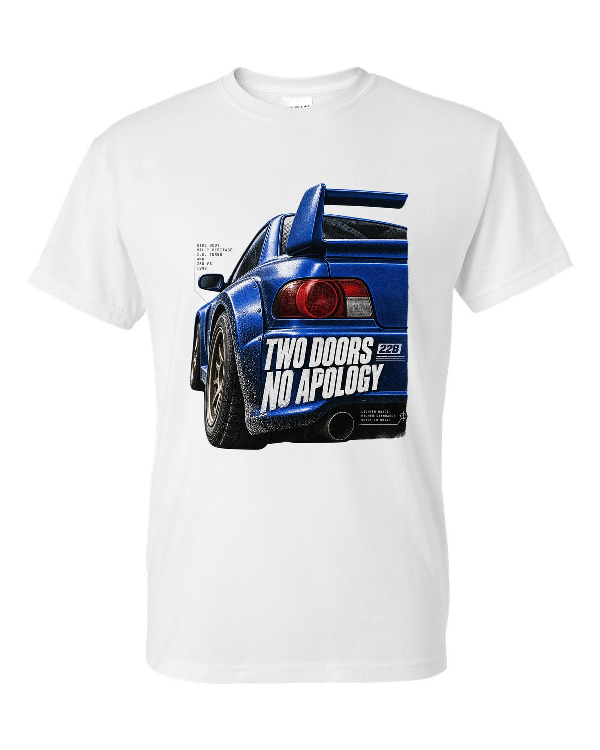 Macro detail of the Subaru Impreza 22B STI rear wing with two doors no apology text white t-shirt front view with the design