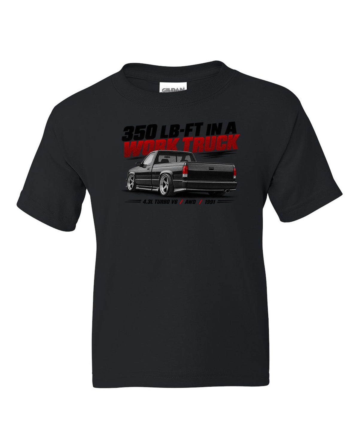 Halftone print of a 1991 GMC Syclone in a low rear three-quarter view black kids tee front view with the design