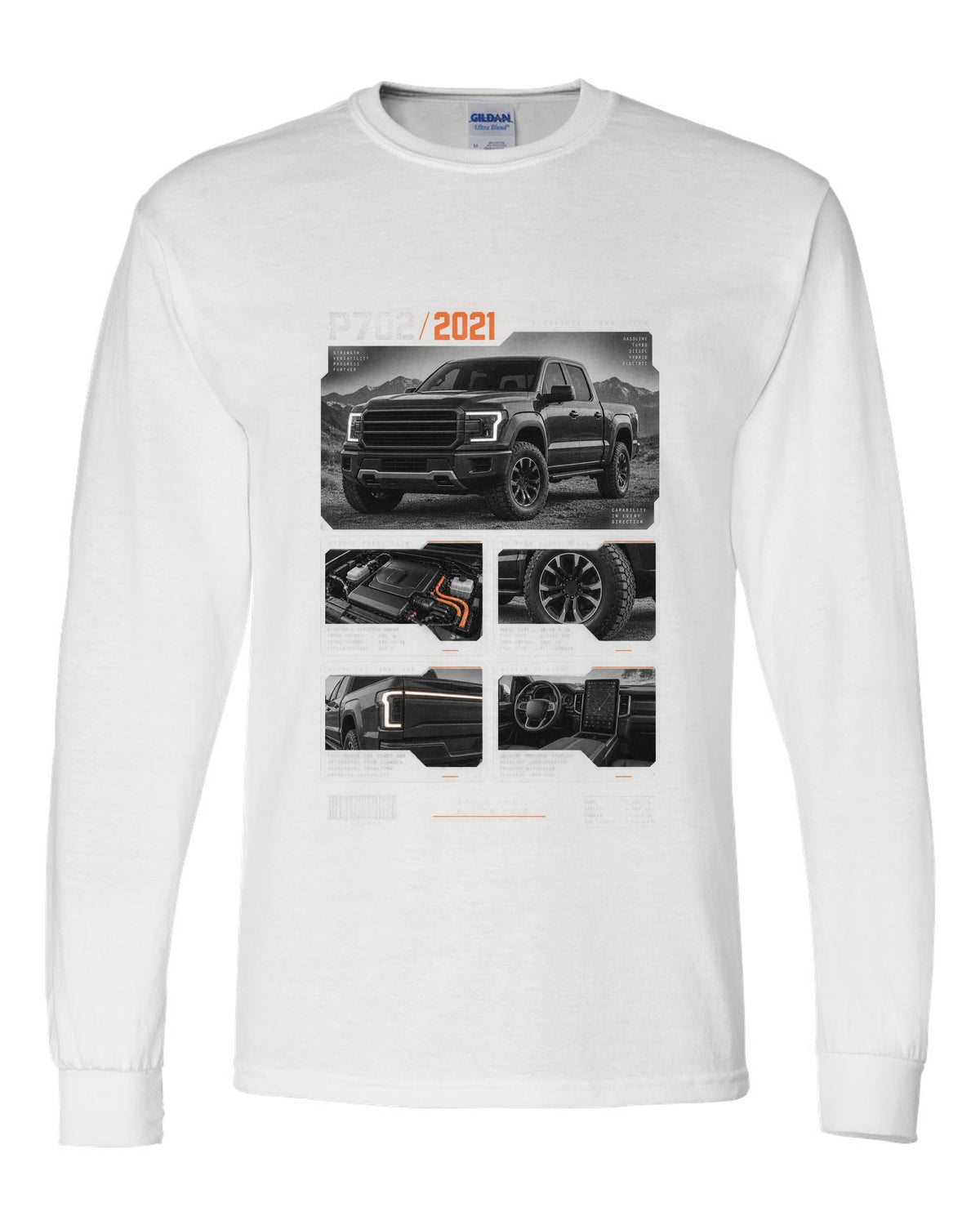Dossier panel print of a 2021 Ford F-150 P702 light bar with five engines text white long sleeve front view with the design