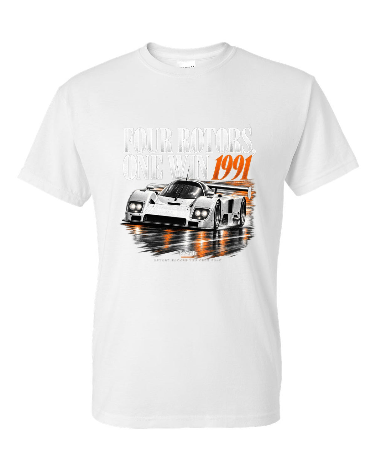 Mazda 787B four rotors editorial headline print, 1991 R26B white t-shirt front view with the design