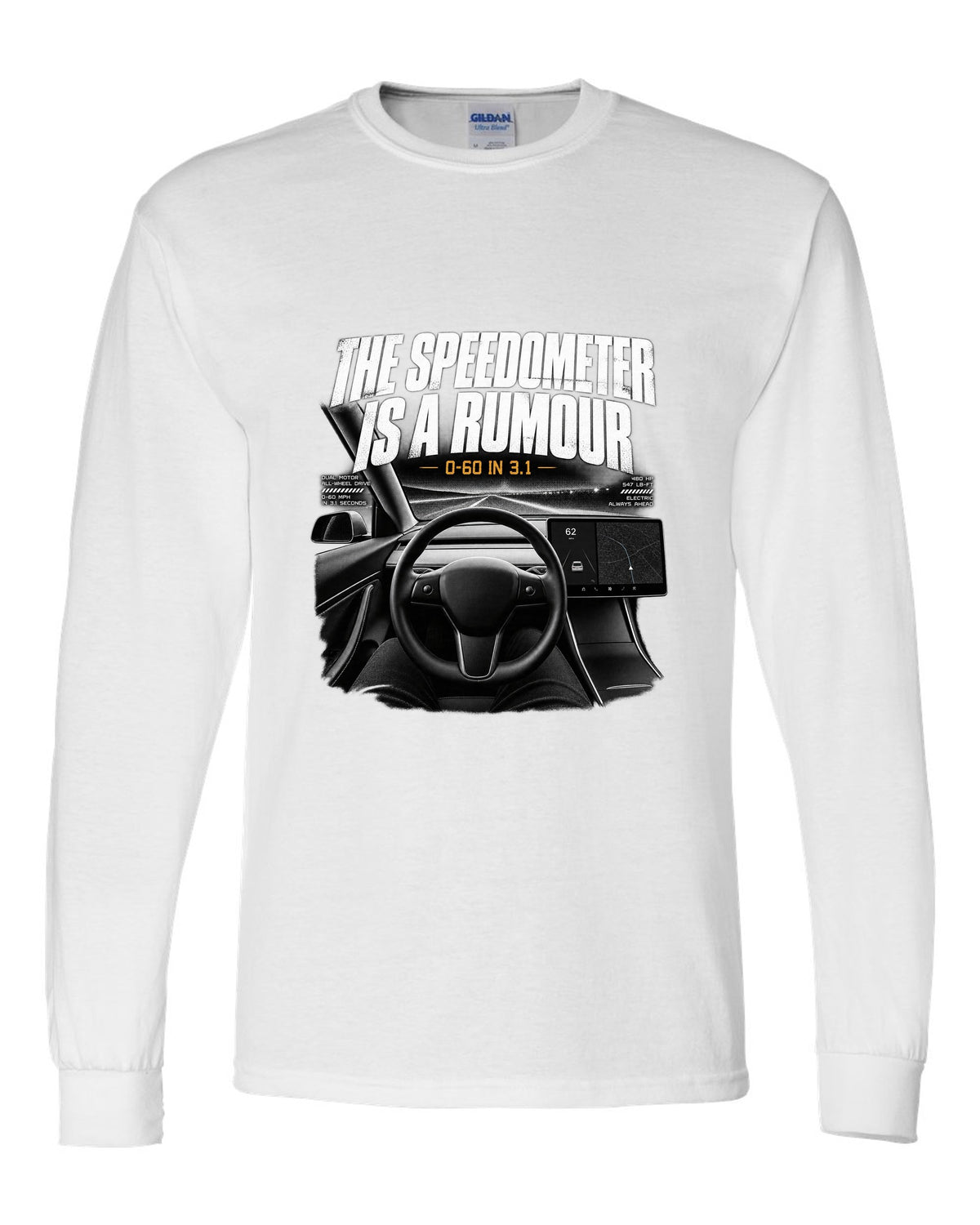 Tesla Model 3 landscape screen interior graphic with the line the speedometer is a rumour, 0-60 in 3.1 white long sleeve front view with the design