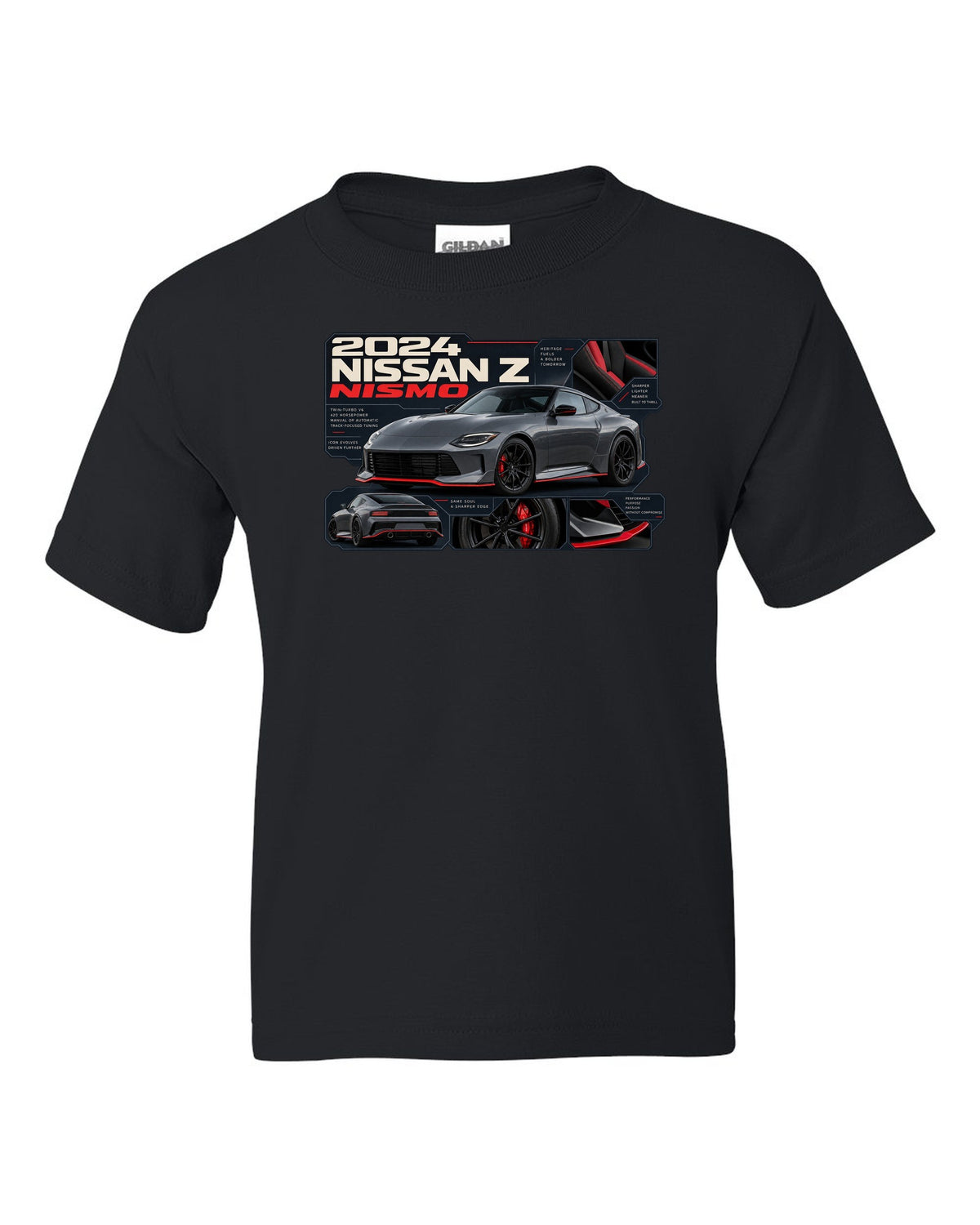 Nissan GT-R50 Italdesign Dossier black kids tee front view with the design