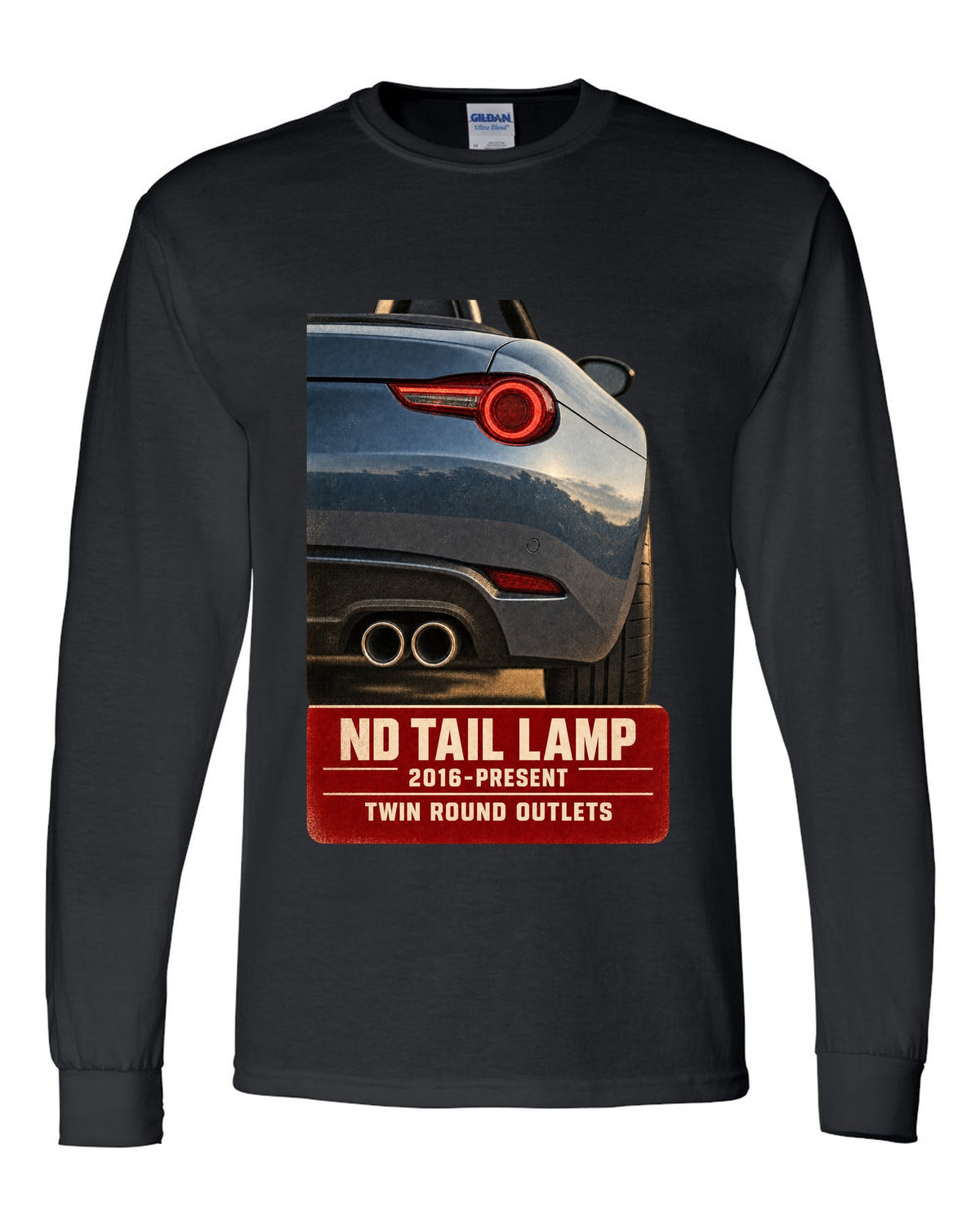 Macro poster-style print of the tail lamp and twin round exhaust outlets on a Mazda MX-5 ND black long sleeve front view with the design