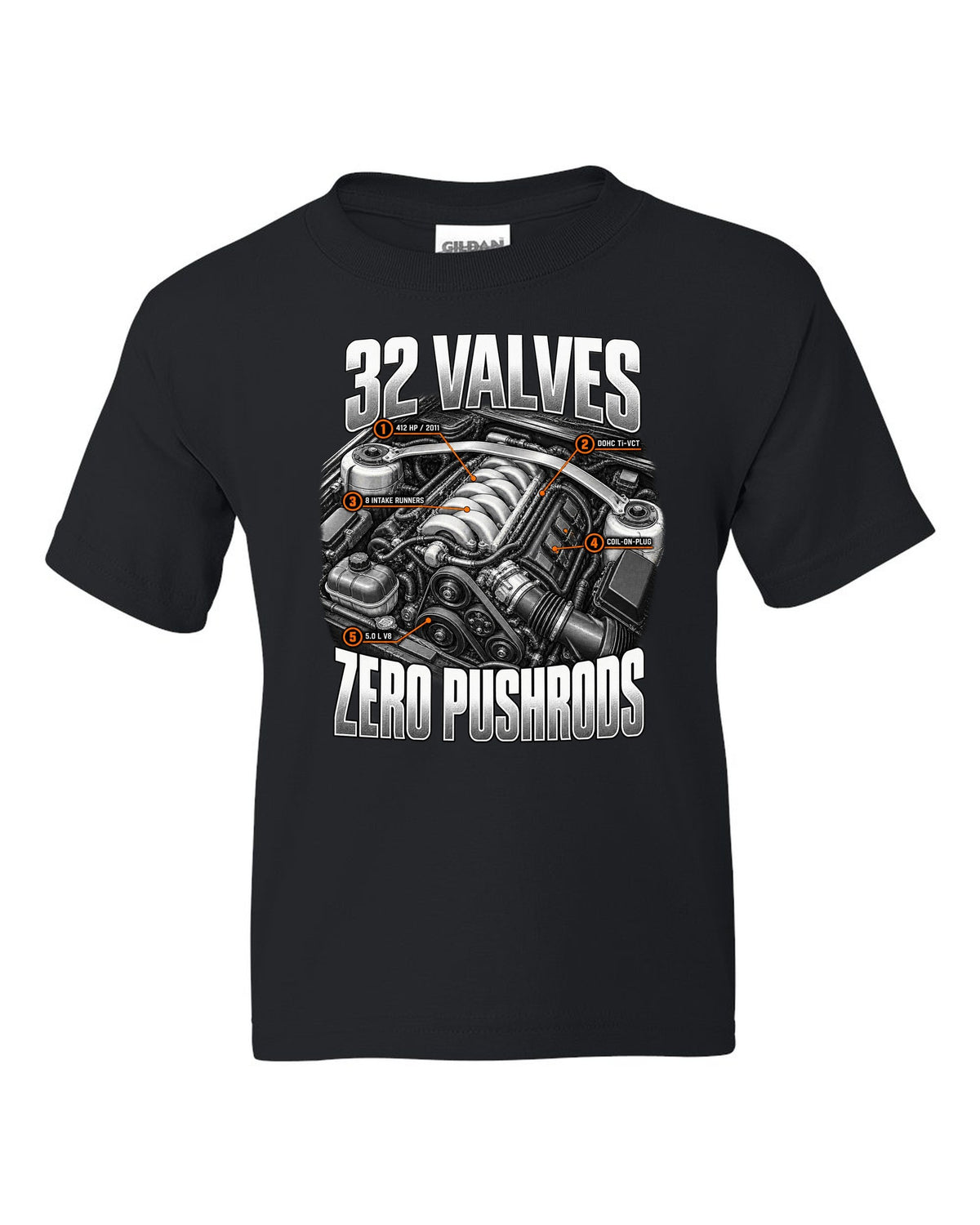 Engine hero print of a Ford Mustang S197 GT 5.0 Coyote engine, 2011-14 black kids tee front view with the design