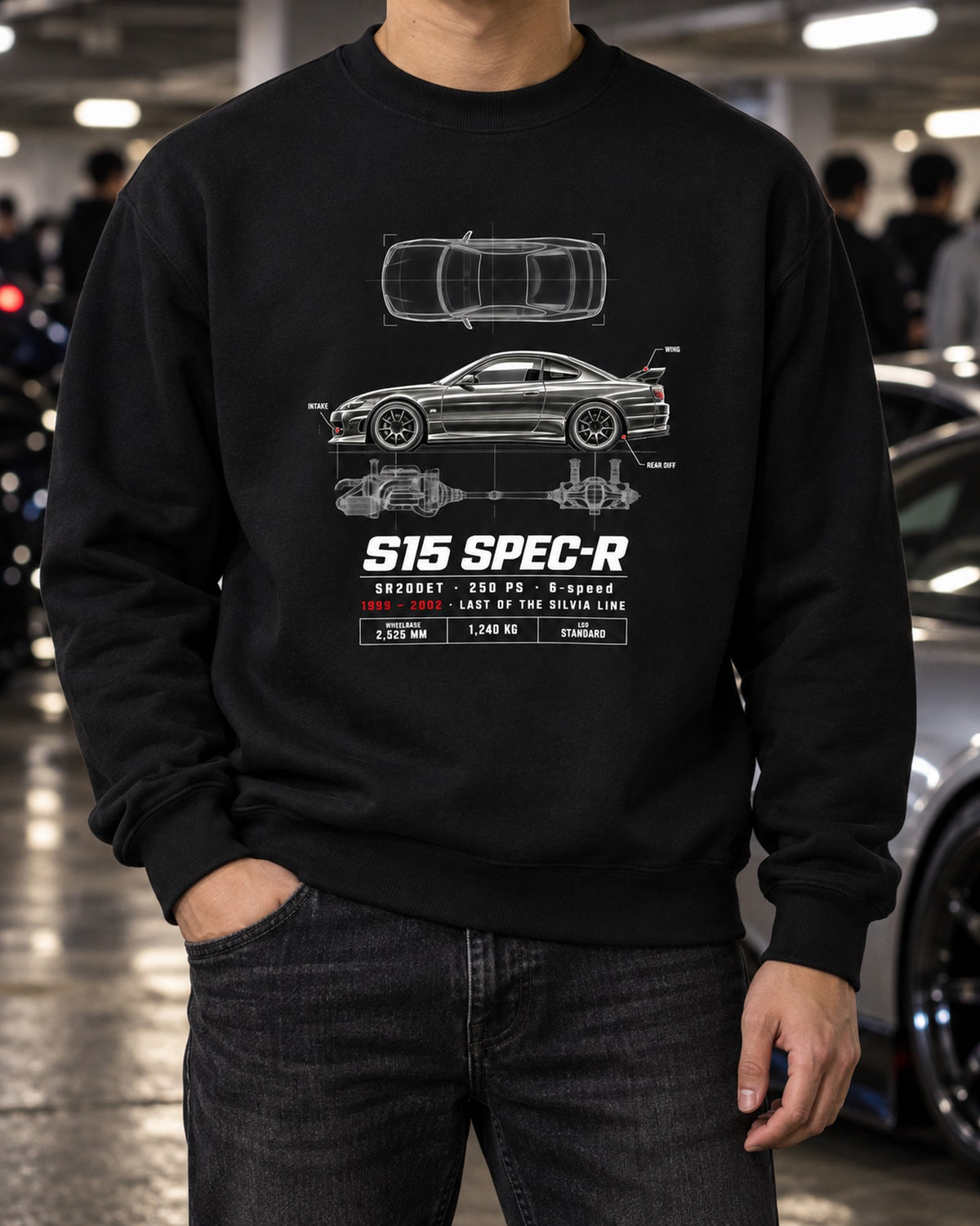 S15 Silvia Spec-R Spec Sheet Poster Tee, 1999-2002 Nissan Crewneck Black worn hero
